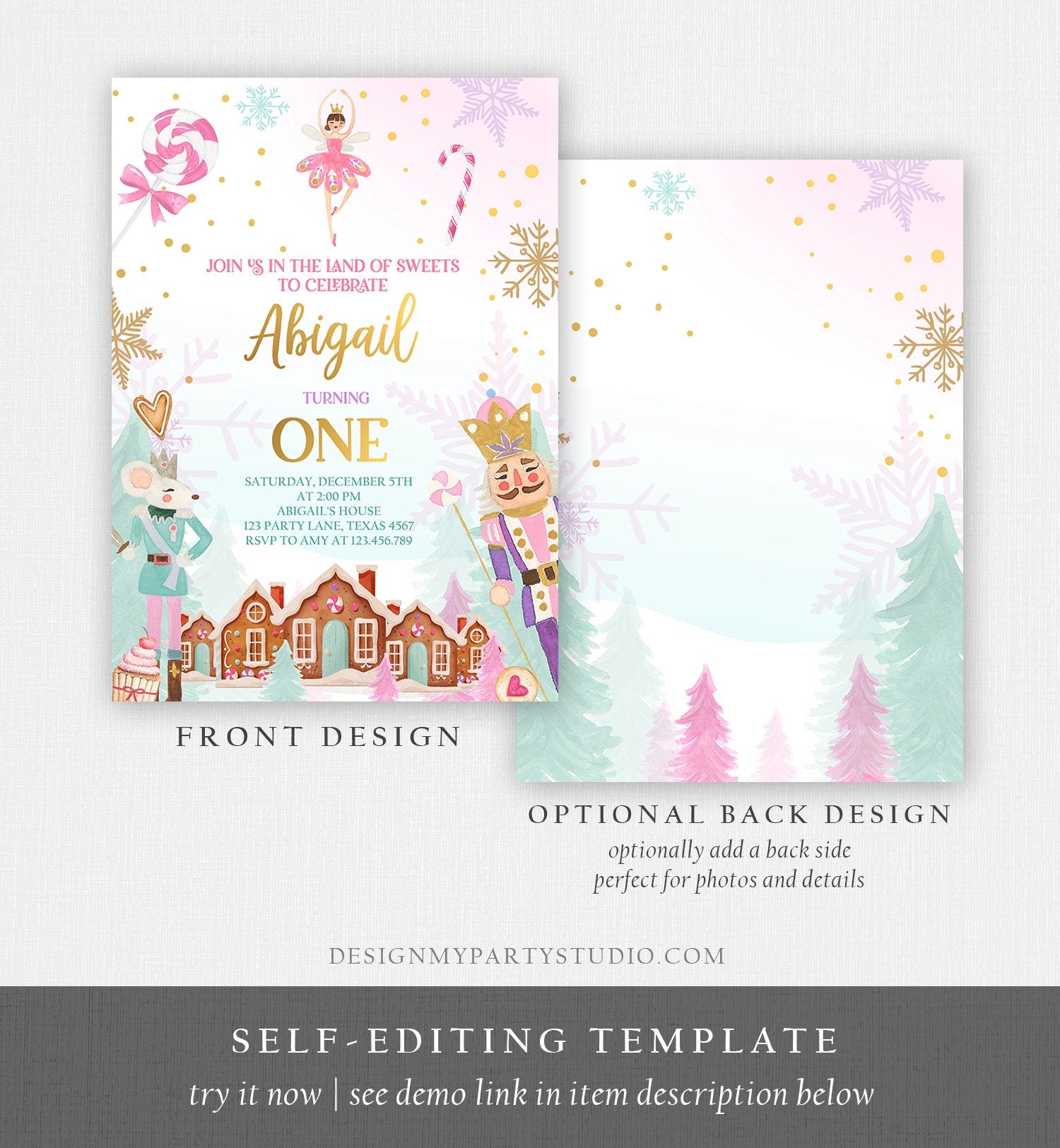 Editable Nutcracker Birthday Invitation Girl Land of Sweets Invite Winter Pink Girl Sugar Plum Fairy Download Printable Template Corjl 0352