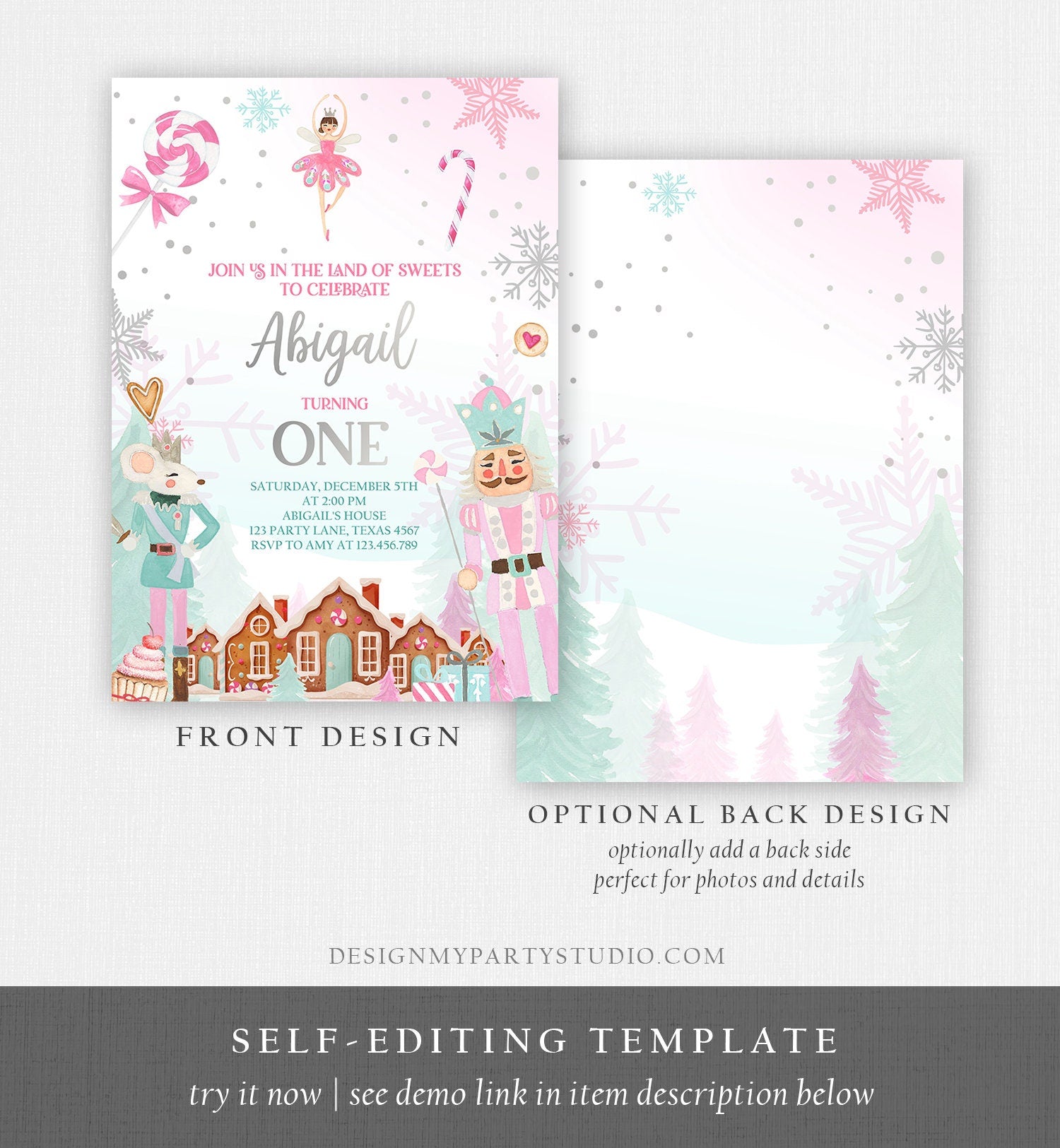 Editable Nutcracker Birthday Invitation Girl Land of Sweets Invite Winter Pink Girl Sugar Plum Fairy Download Printable Template Corjl 0352