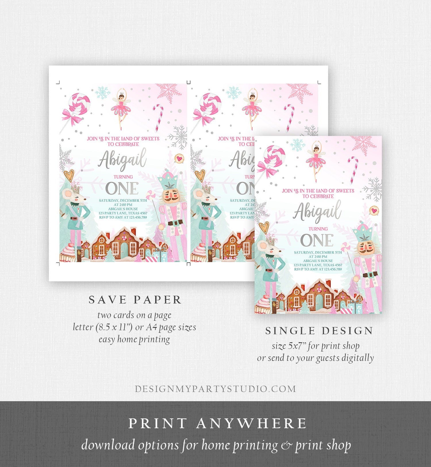 Editable Nutcracker Birthday Invitation Girl Land of Sweets Invite Winter Pink Girl Sugar Plum Fairy Download Printable Template Corjl 0352