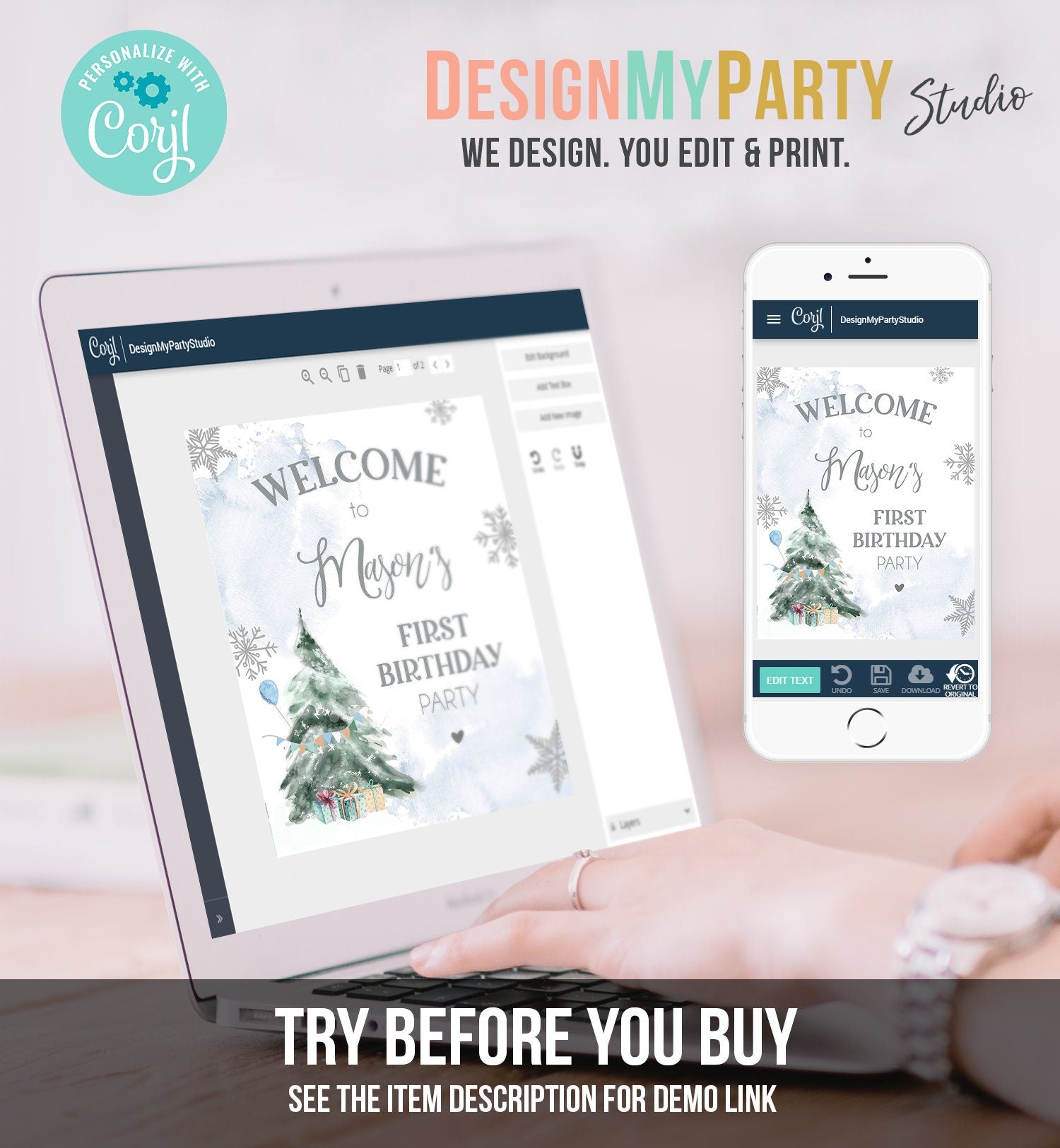 Editable Winter Onederland Welcome Sign Tree Watercolor First Birthday Boy Blue Snowflake Wonderland Corjl Template Printable 0363