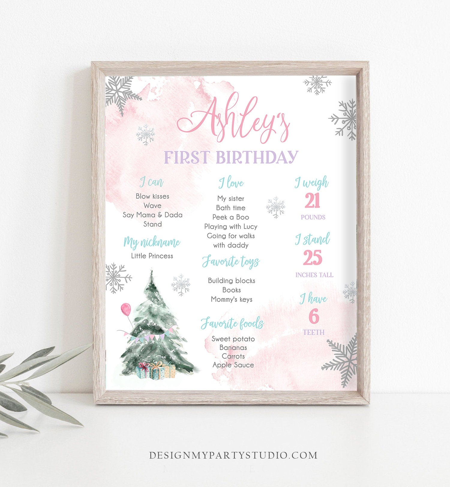 Editable Winter Tree Birthday Milestones Sign Winter Onederland Watercolor First Birthday Girl Pink Snowflakes Corjl Template Printable 0363