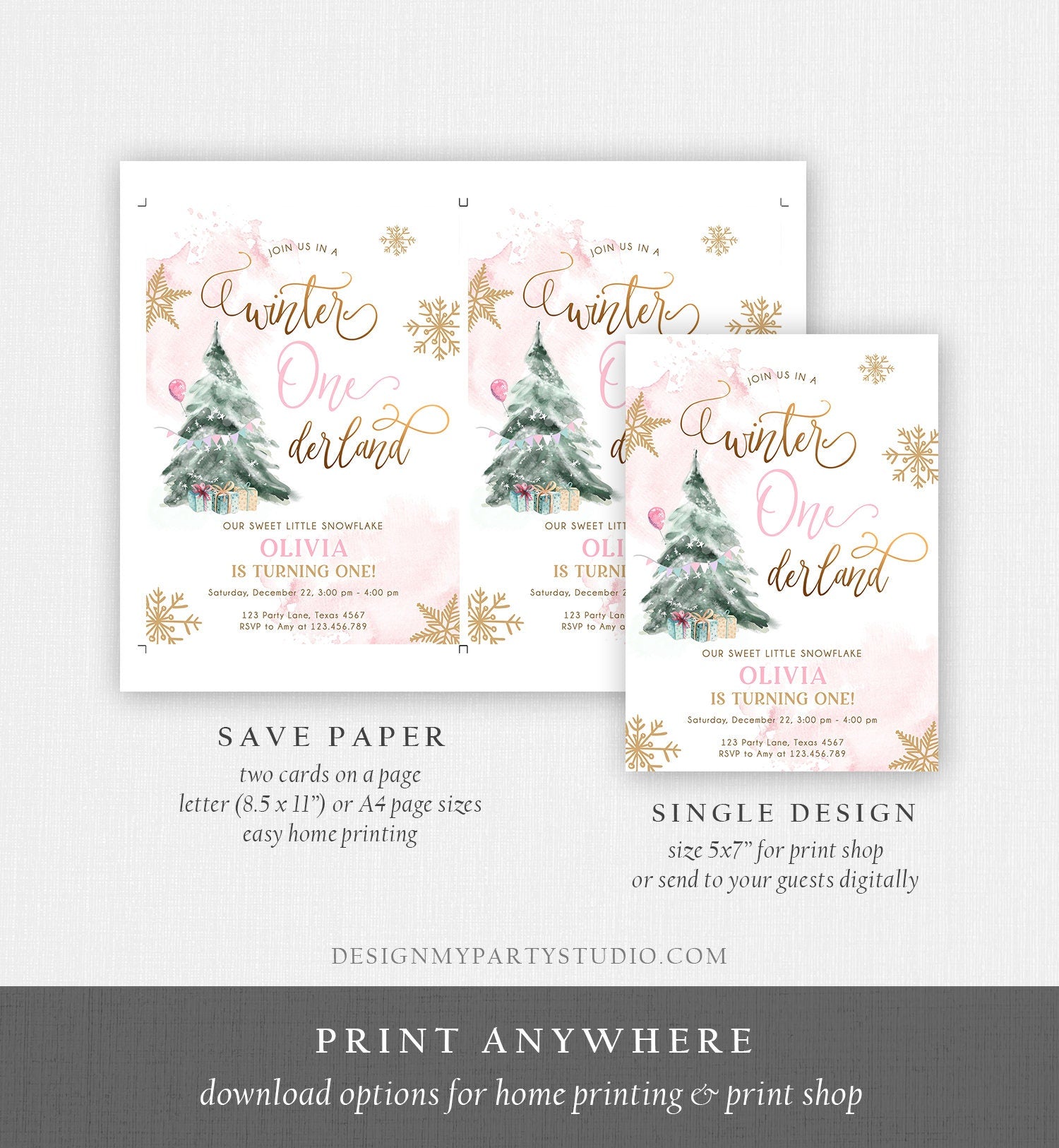 Editable Winter ONEderland Birthday Invitation First Birthday 1st Girl Pink Gold Watercolor Tree Christmas Snowflake Corjl Template 0363