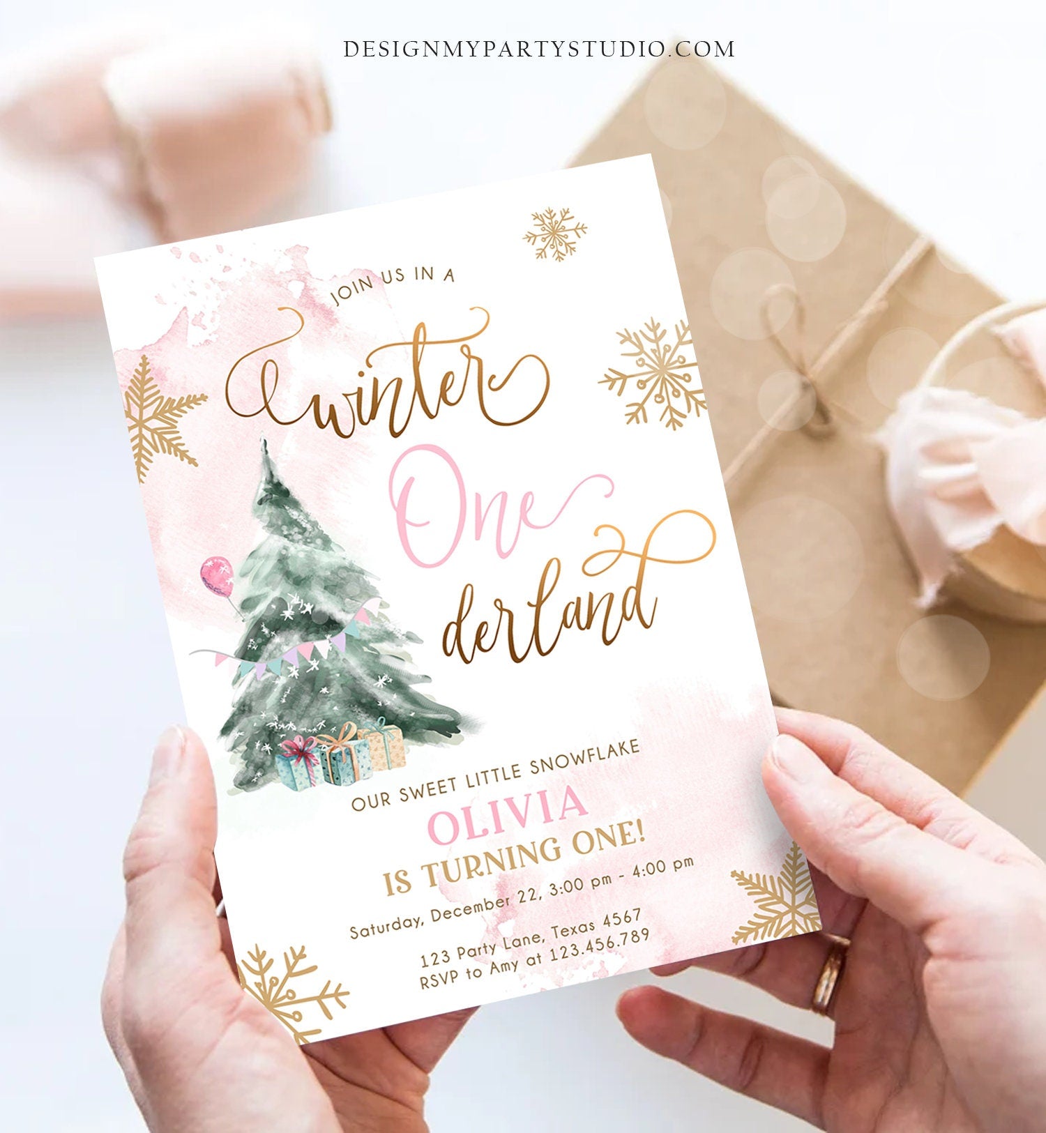 Editable Winter ONEderland Birthday Invitation First Birthday 1st Girl Pink Gold Watercolor Tree Christmas Snowflake Corjl Template 0363