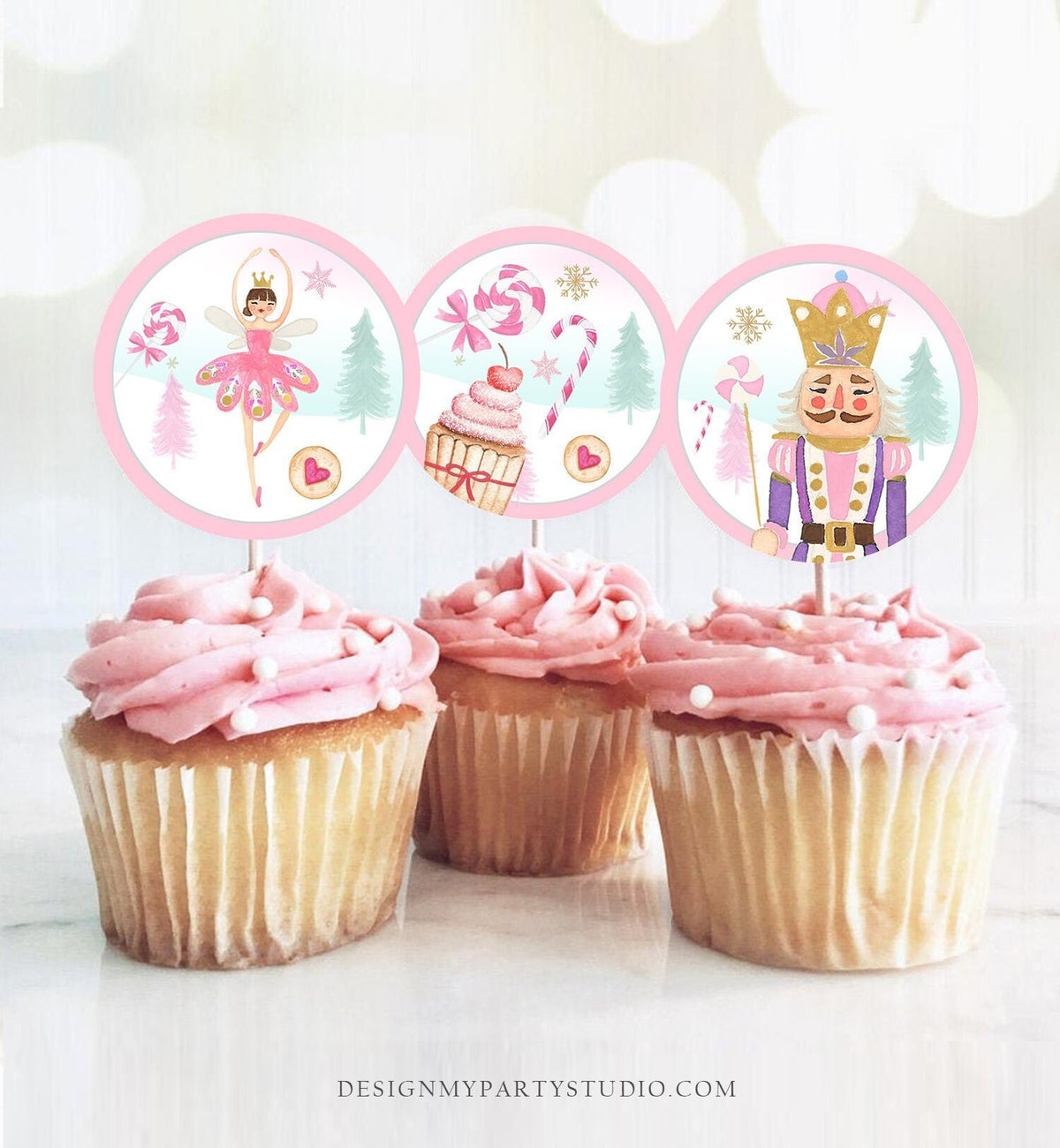 Nutcracker Cupcake Toppers Nutcracker Birthday Party Decorations Sugar Plum Fairy Girl Pink Stickers Tags download Digital PRINTABLE 0352