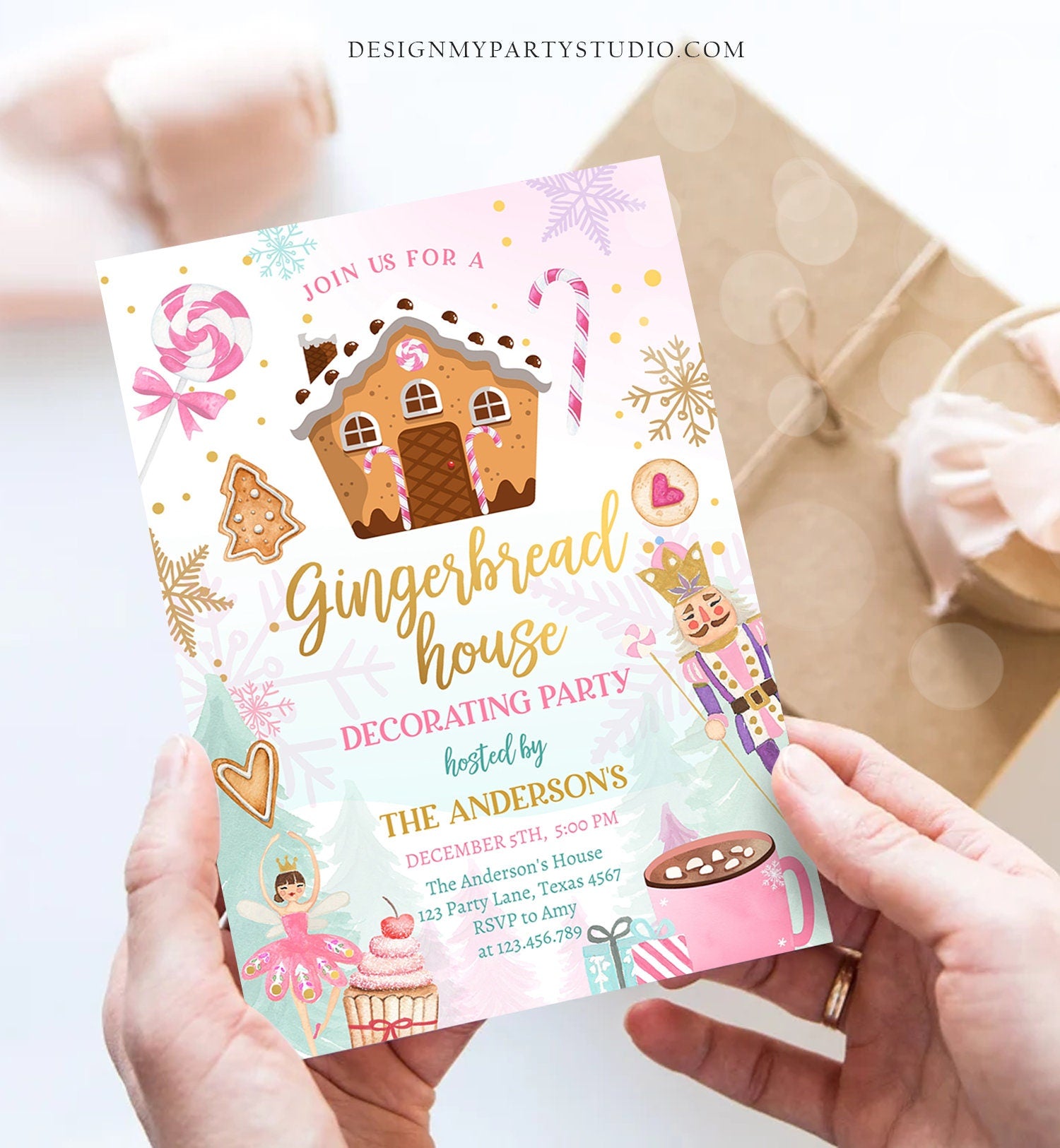 Editable Gingerbread House Decorating Party Invitation Land of Sweets Pink Gold Cookie Decorating Download Printable Template Corjl 0352