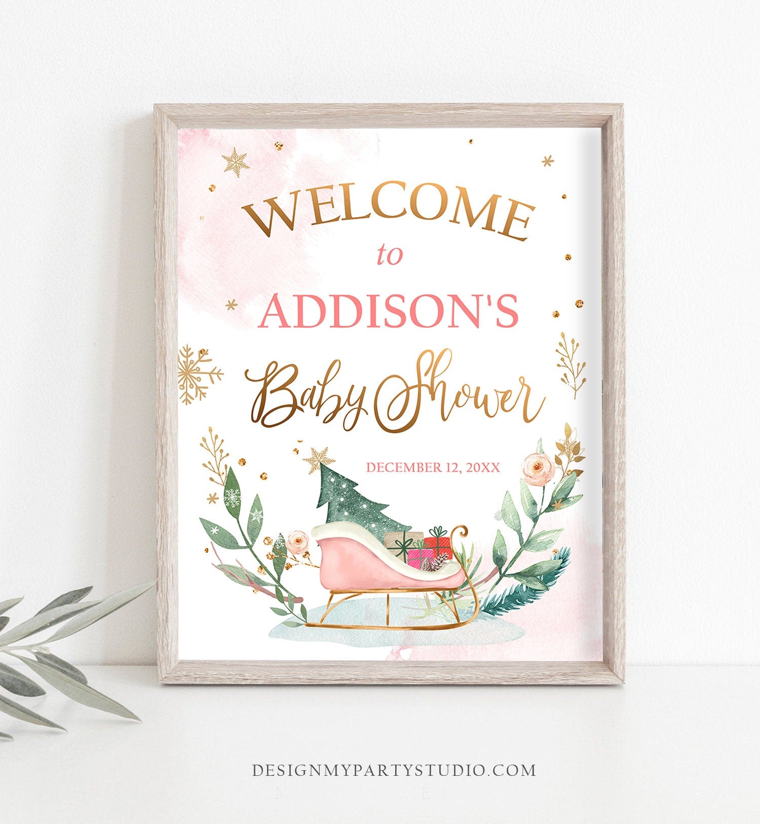 Editable Winter Baby Shower Welcome Sign Sleigh Baby Its Cold Outside Welcome Girl Pink Gold Christmas Sign Template PRINTABLE Corjl 0353