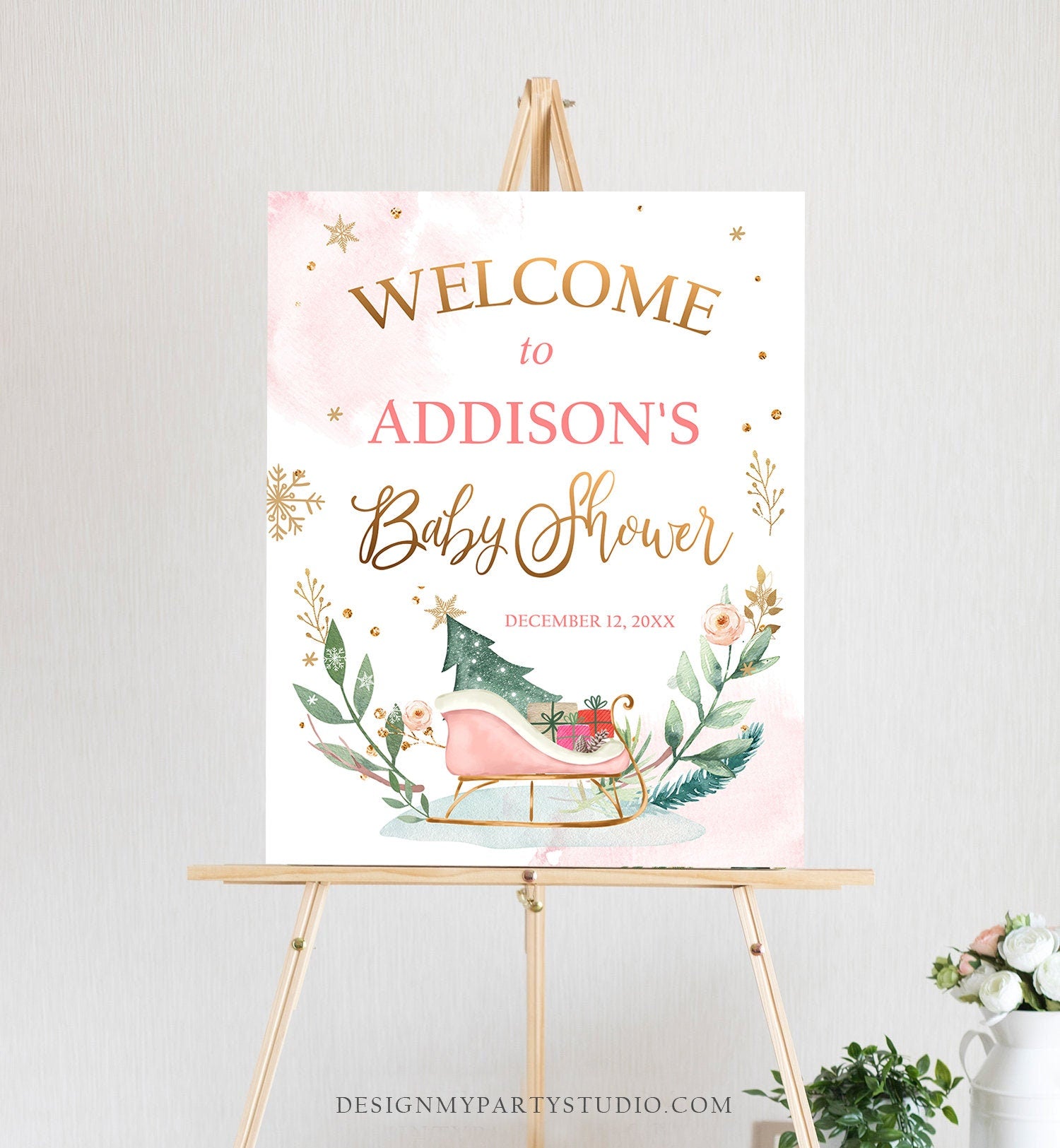 Editable Winter Baby Shower Welcome Sign Sleigh Baby Its Cold Outside Welcome Girl Pink Gold Christmas Sign Template PRINTABLE Corjl 0353