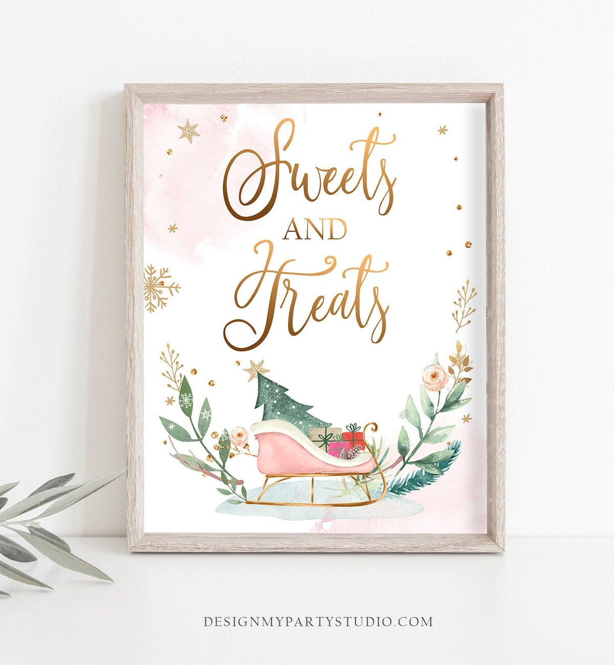 Sweets and Treats Sign Sleigh Winter Onederland First Birthday Party Wonderland Girl Pink Gold Treat Table Sign Digital Printable 0353