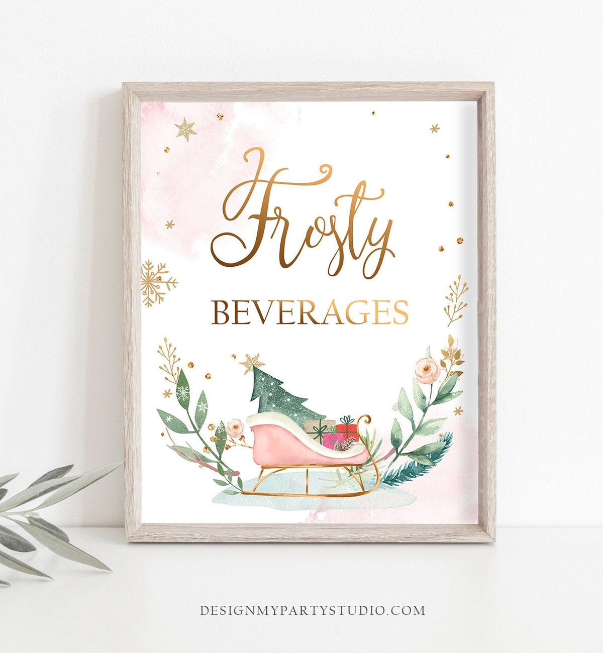 Frosty Beverages Sign Sleigh Winter Onederland Party Decor First Birthday Wonderland Girl Pink Gold Treat Drink Table Digital Printable 0353