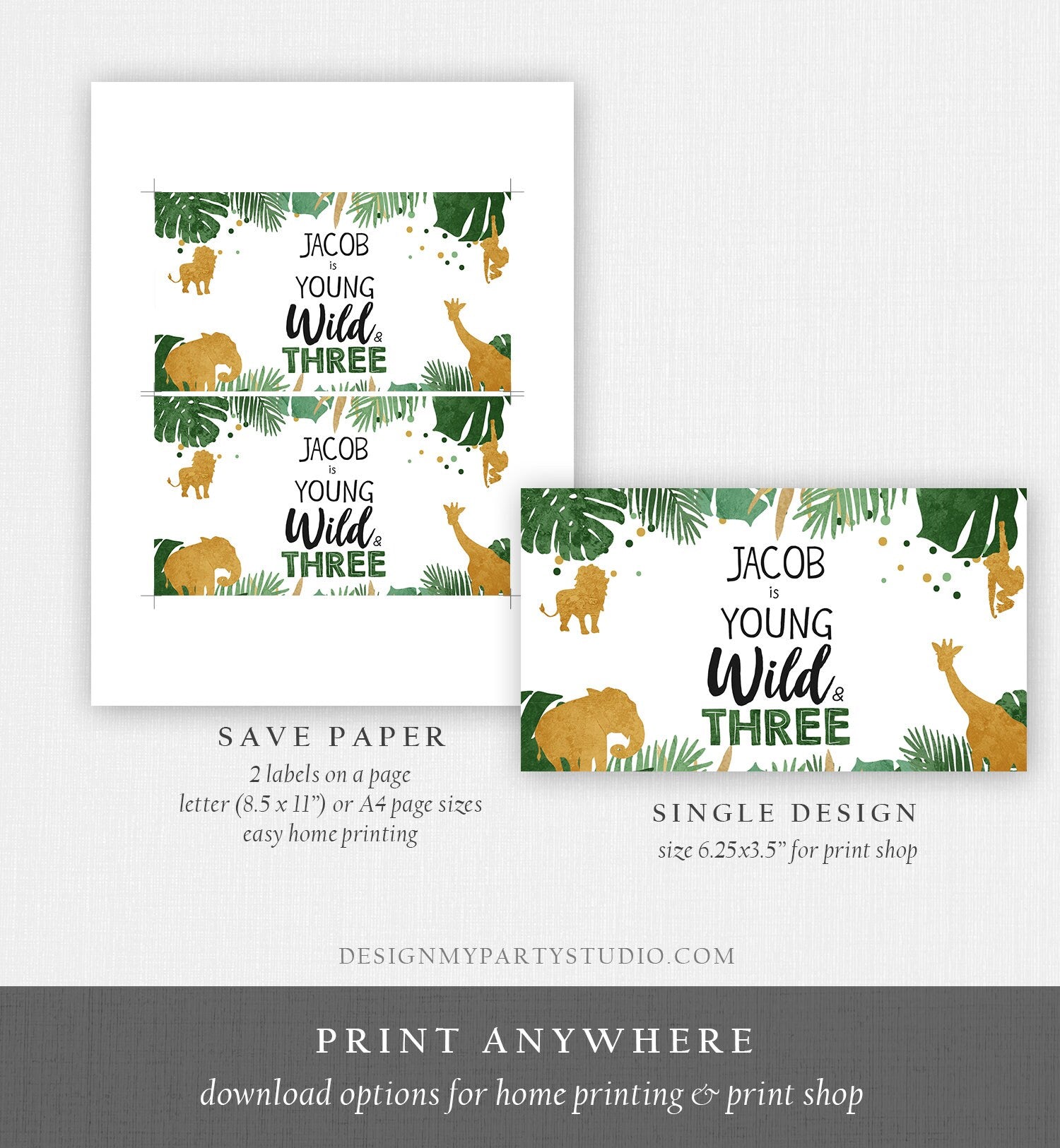 Editable Safari Animals Birthday Gable Gift Box Labels Party Animals Gold Green Young Wild and Three Jungle Boy Download Digital Corjl 0016