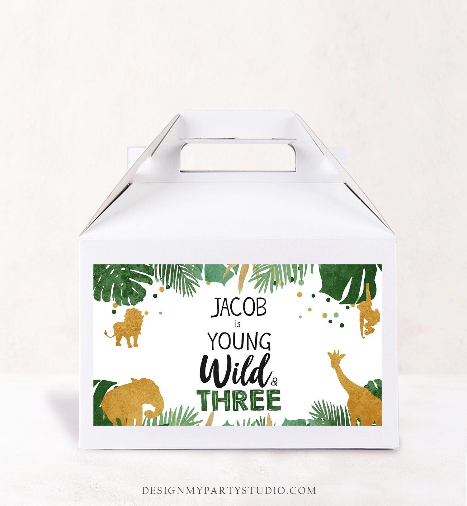 Editable Safari Animals Birthday Gable Gift Box Labels Party Animals Gold Green Young Wild and Three Jungle Boy Download Digital Corjl 0016