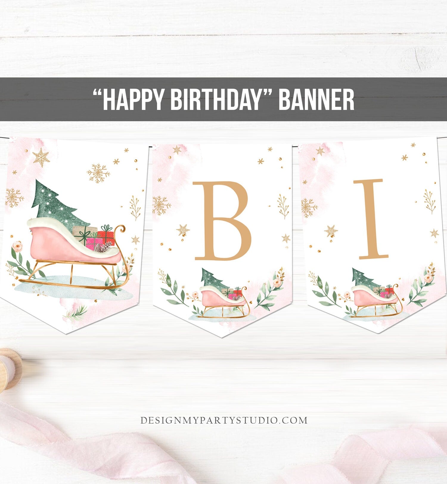 Happy Birthday Banner Winter Birthday Girl Winter Onederland Decorations Magical Winter Christmas Sleigh Download PRINTABLE DIGITAL DIY 0353