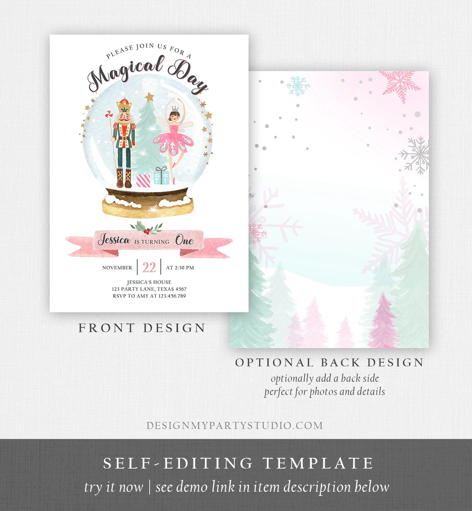 Editable Nutcracker Birthday Invitation Girl Land of Sweets Invite Winter Pink Girl Sugar Plum Fairy Download Printable Template Corjl 0352