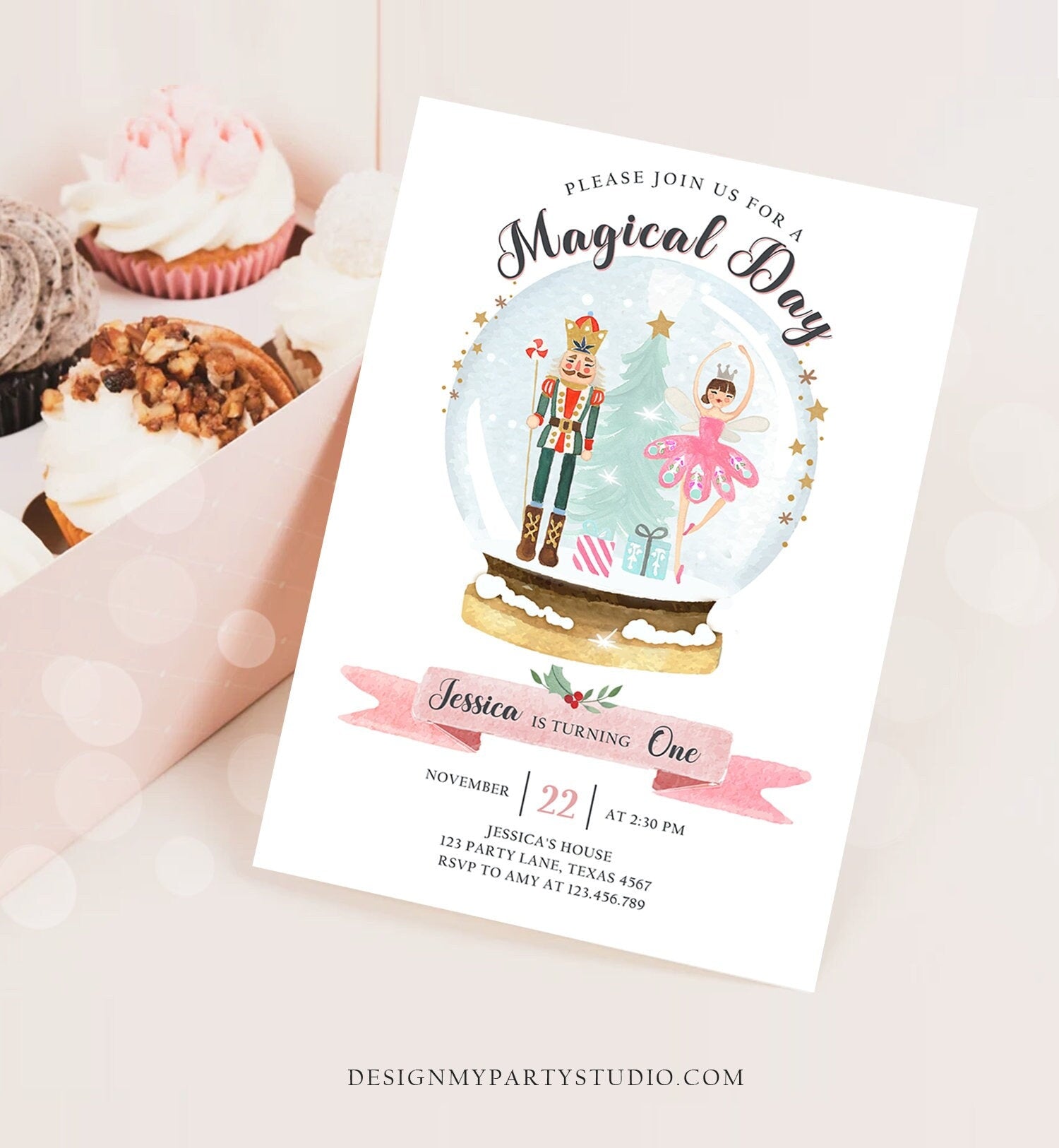 Editable Nutcracker Birthday Invitation Girl Land of Sweets Invite Winter Pink Girl Sugar Plum Fairy Download Printable Template Corjl 0352