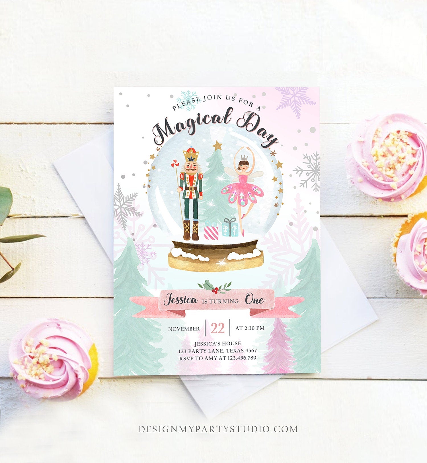 Editable Nutcracker Birthday Invitation Girl Land of Sweets Invite Winter Pink Girl Sugar Plum Fairy Download Printable Template Corjl 0352