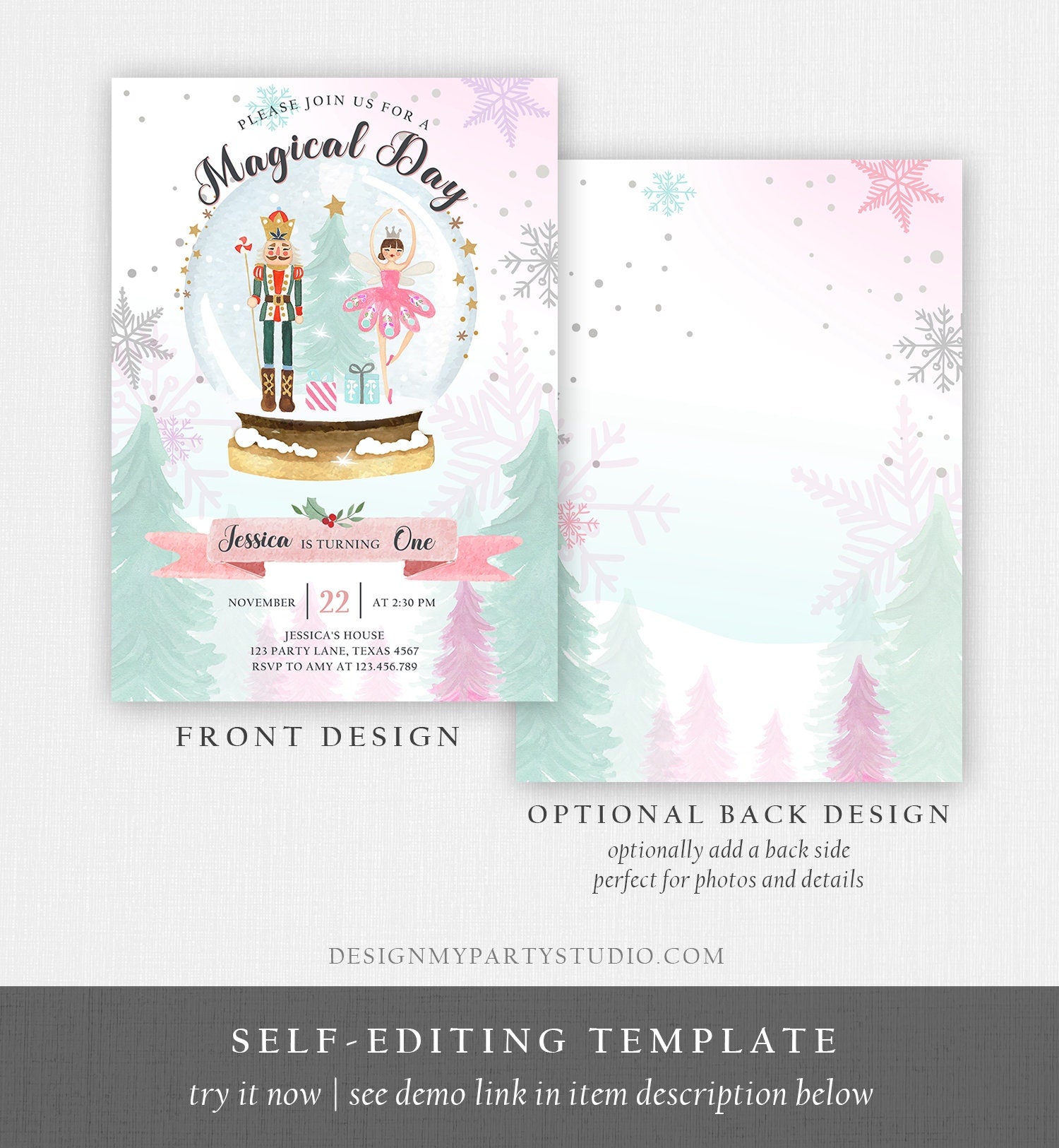 Editable Nutcracker Birthday Invitation Girl Land of Sweets Invite Winter Pink Girl Sugar Plum Fairy Download Printable Template Corjl 0352