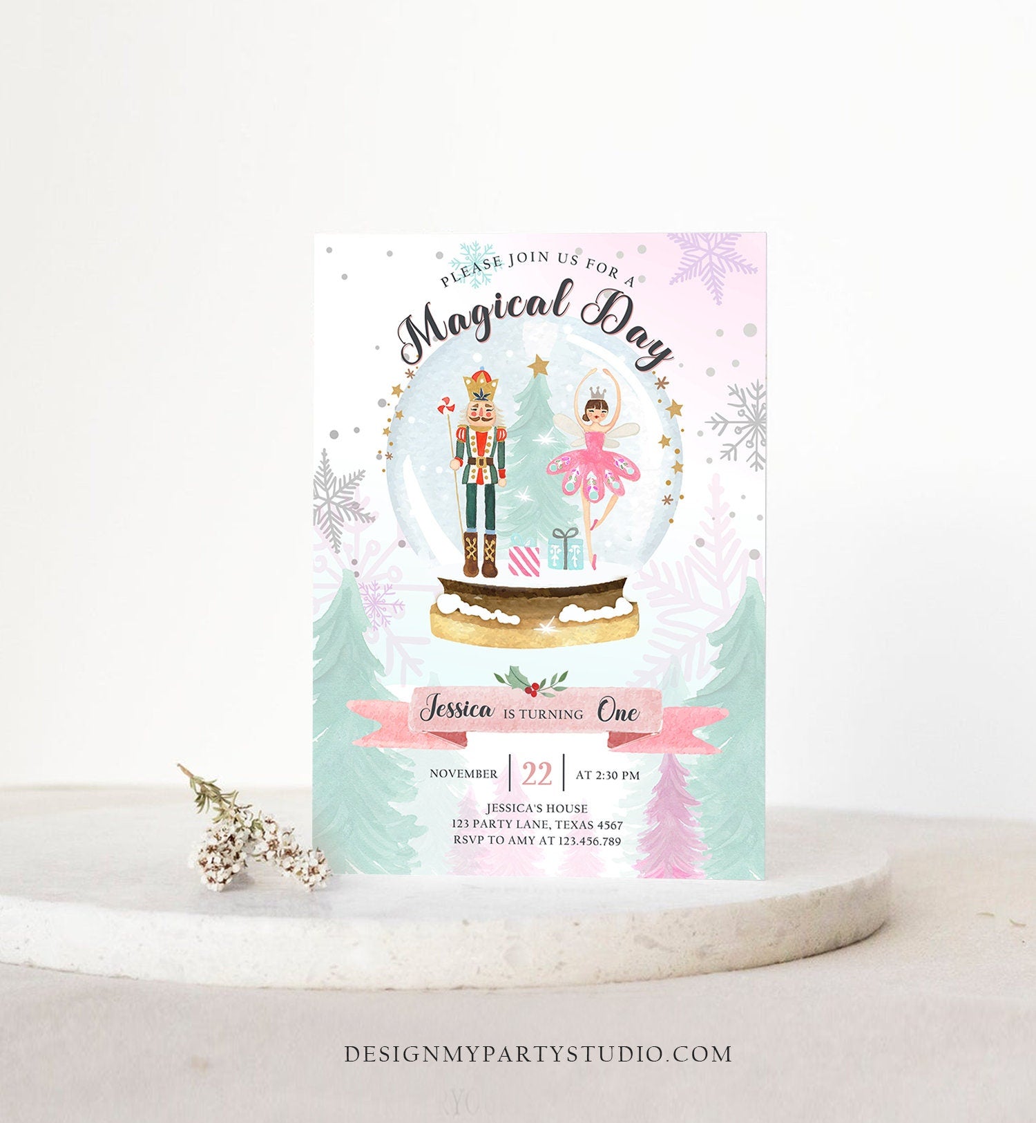 Editable Nutcracker Birthday Invitation Girl Land of Sweets Invite Winter Pink Girl Sugar Plum Fairy Download Printable Template Corjl 0352