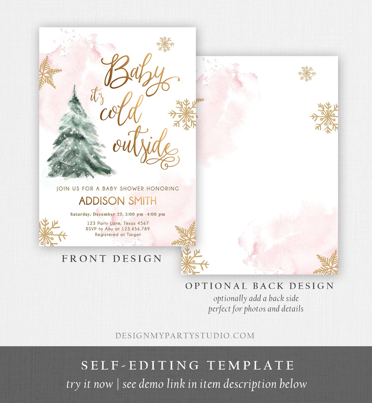 Editable Baby Its Cold Outside Baby Shower Invitation Winter Baby Shower Girl Blush Pink Gold Watercolor Tree Template Download Corjl 0363