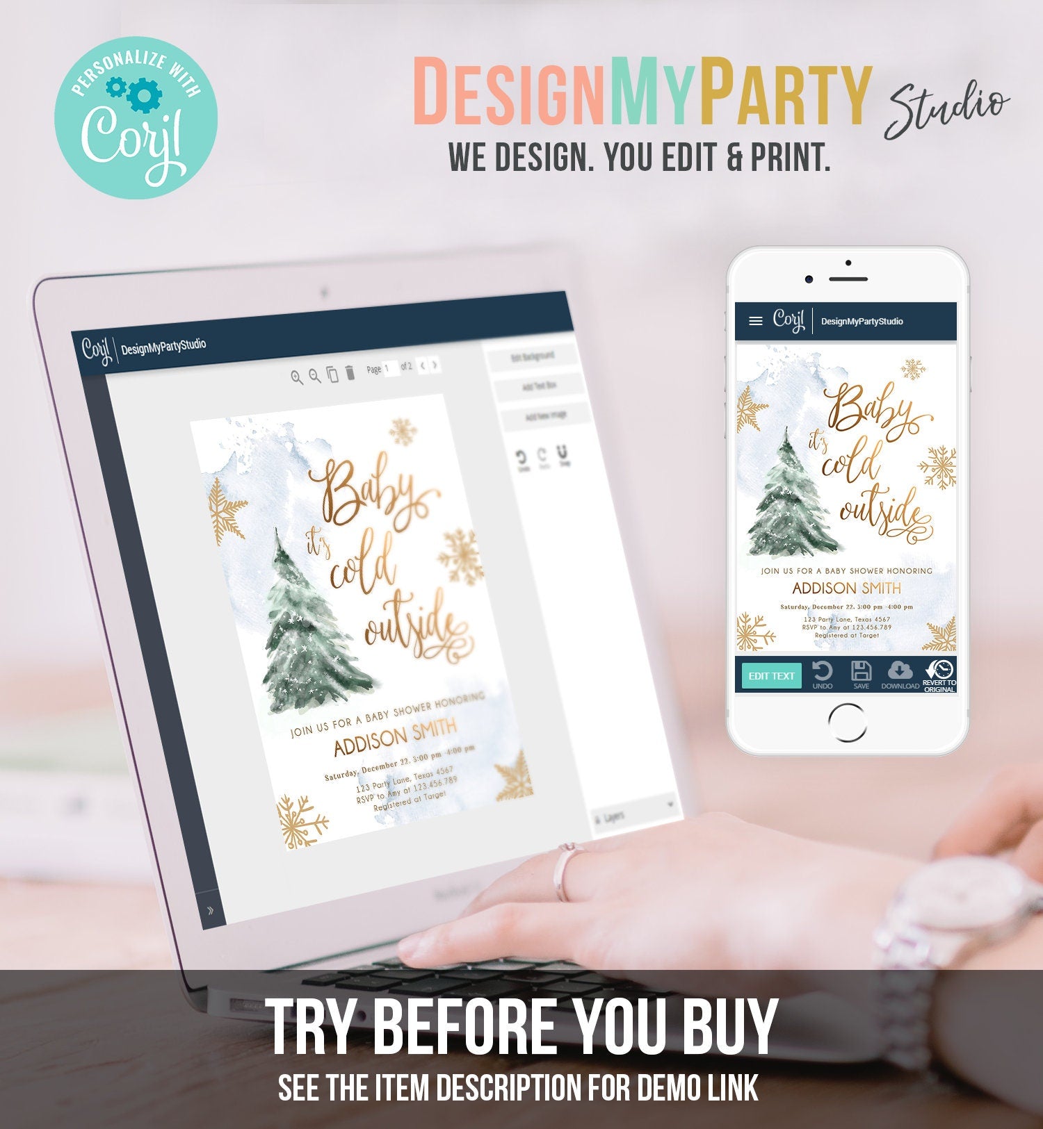 Editable Baby Its Cold Outside Baby Shower Invitation Winter Neutral Blue Boy Gold Snow Watercolor Tree Template Download Corjl 0363