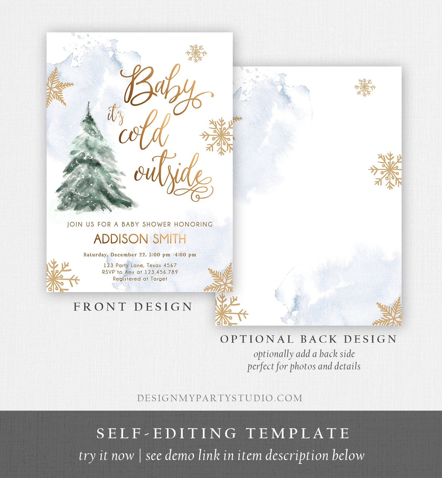 Editable Baby Its Cold Outside Baby Shower Invitation Winter Neutral Blue Boy Gold Snow Watercolor Tree Template Download Corjl 0363