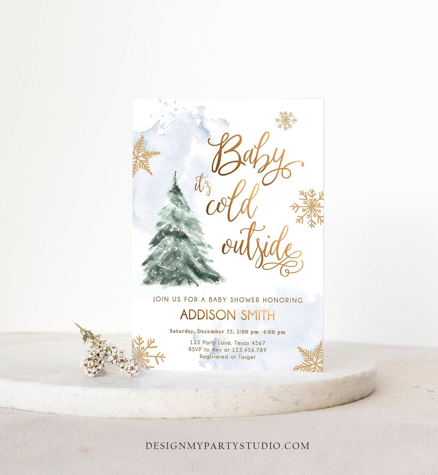 Editable Baby Its Cold Outside Baby Shower Invitation Winter Neutral Blue Boy Gold Snow Watercolor Tree Template Download Corjl 0363