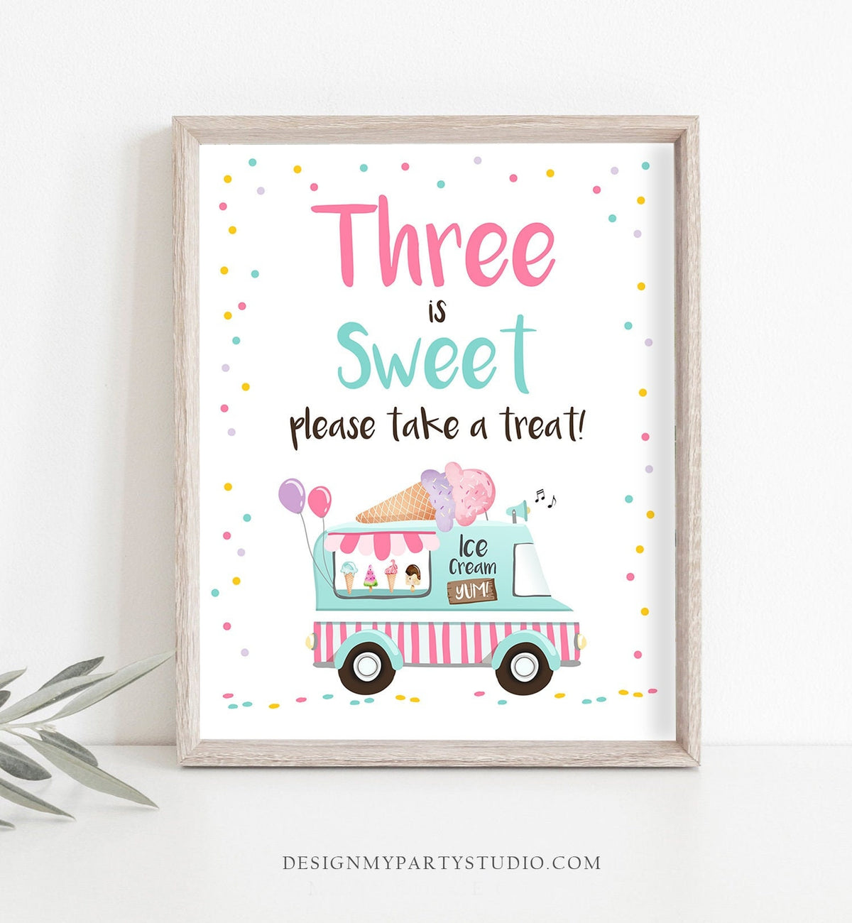 Three is Sweet Take a Treat Ice Cream Birthday Sign Girl Third Birthday 3rd Pink Thank You Sign Favors Table Sign Download Printable 0243