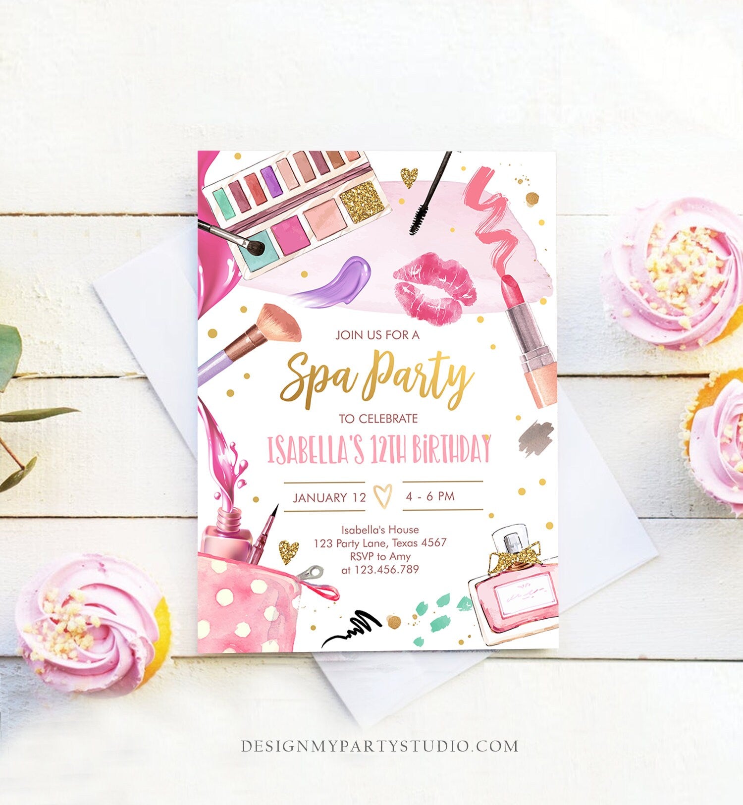 Editable Spa Makeup Birthday Invitation Glam Party Girl Birthday Tween Spa Party Invite Pink Gold Download Printable Template Corjl 0420