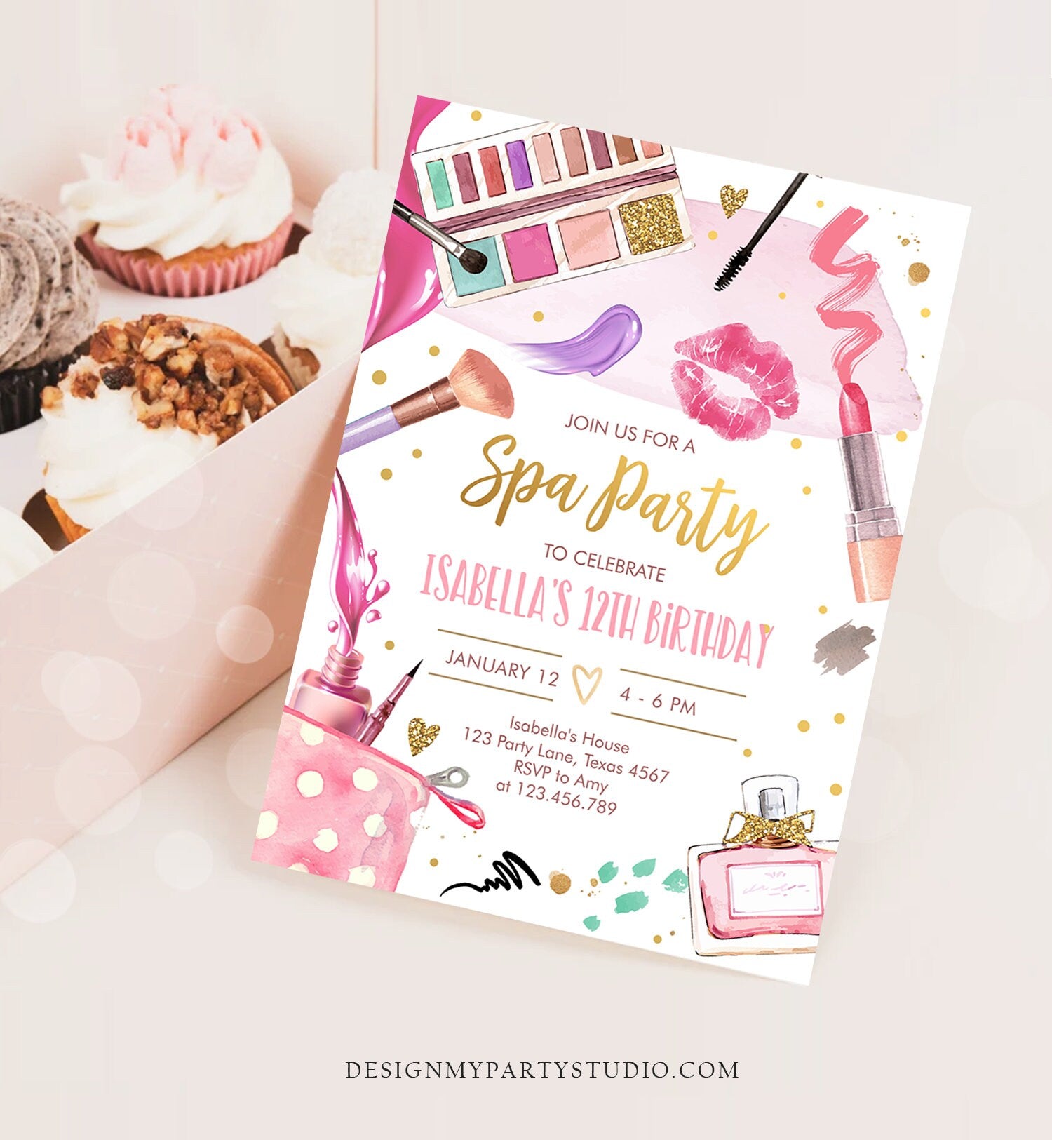 Editable Spa Makeup Birthday Invitation Glam Party Girl Birthday Tween Spa Party Invite Pink Gold Download Printable Template Corjl 0420