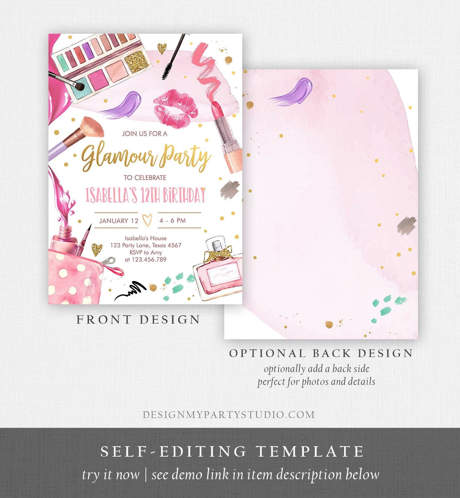 Editable Glamour Birthday Party Glitters and Glamour Spa Makeup Birthday Invitation Pink Gold Girl Download Printable Template Corjl 0420