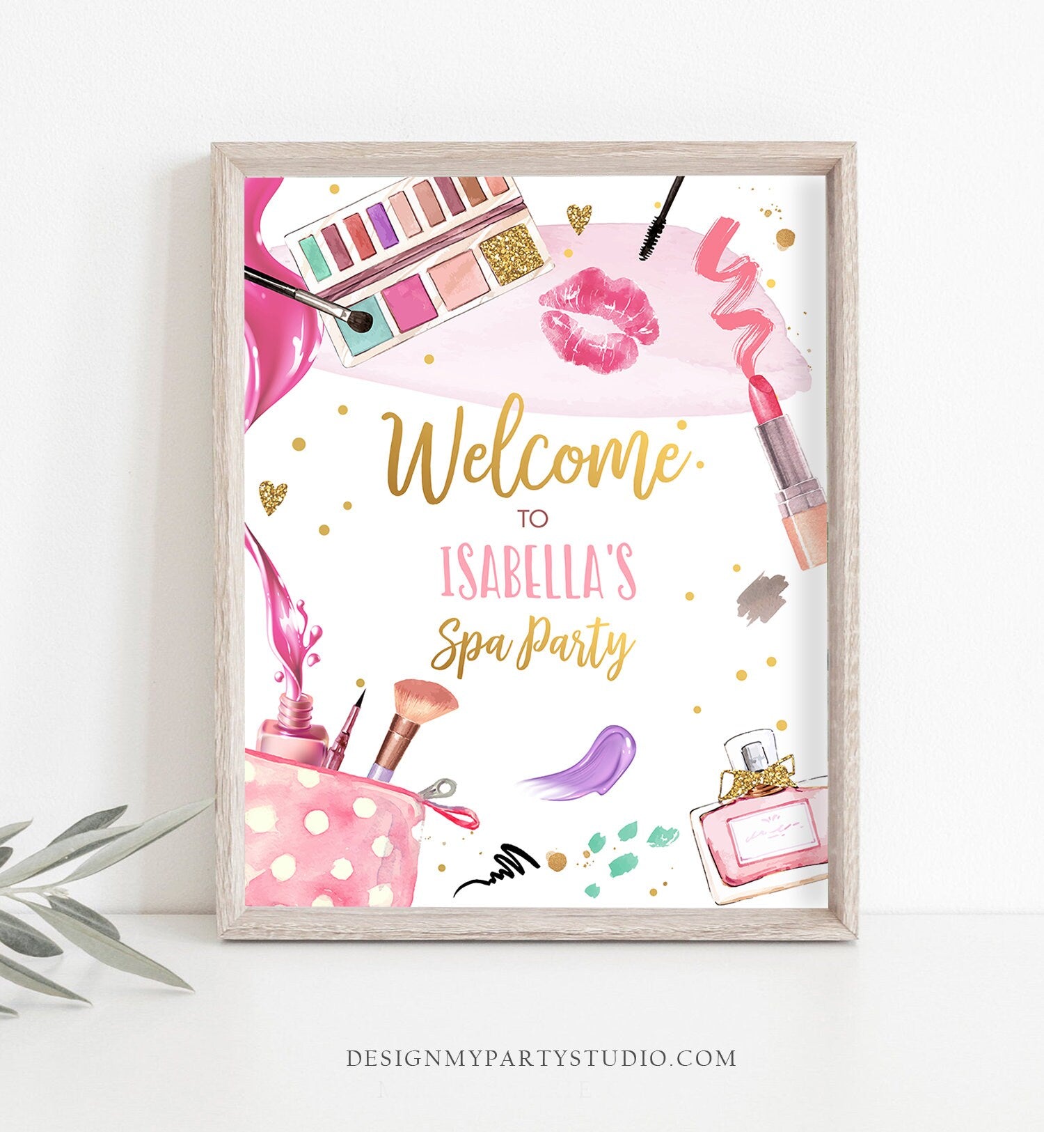 Editable Spa Party Birthday Welcome Sign Glamour Party Spa Birthday Decor Girl Pink and Gold Makeup Party Template Corjl PRINTABLE 0420