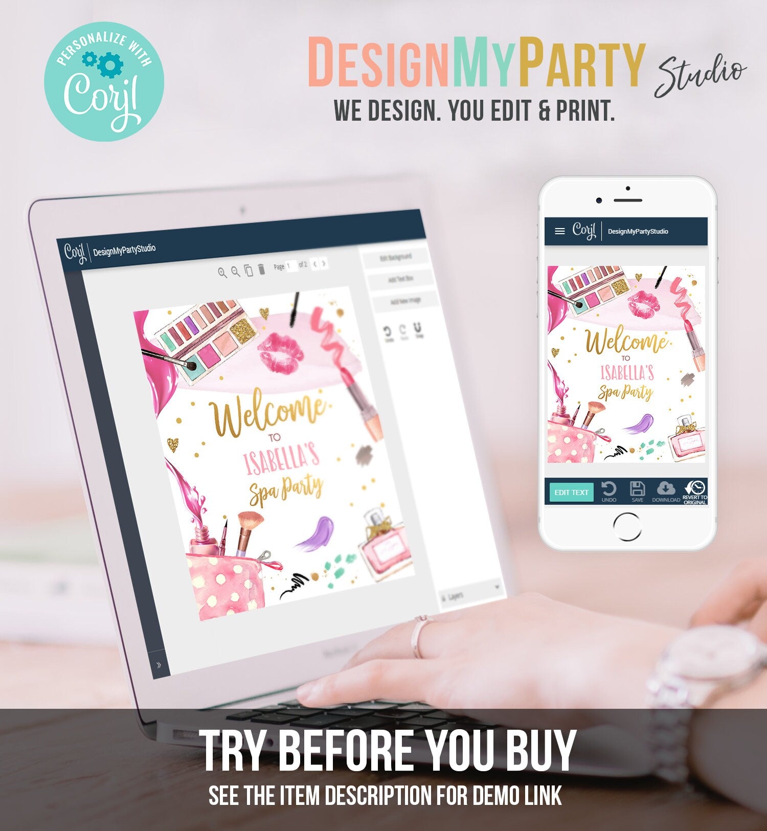 Editable Spa Party Birthday Welcome Sign Glamour Party Spa Birthday Decor Girl Pink and Gold Makeup Party Template Corjl PRINTABLE 0420