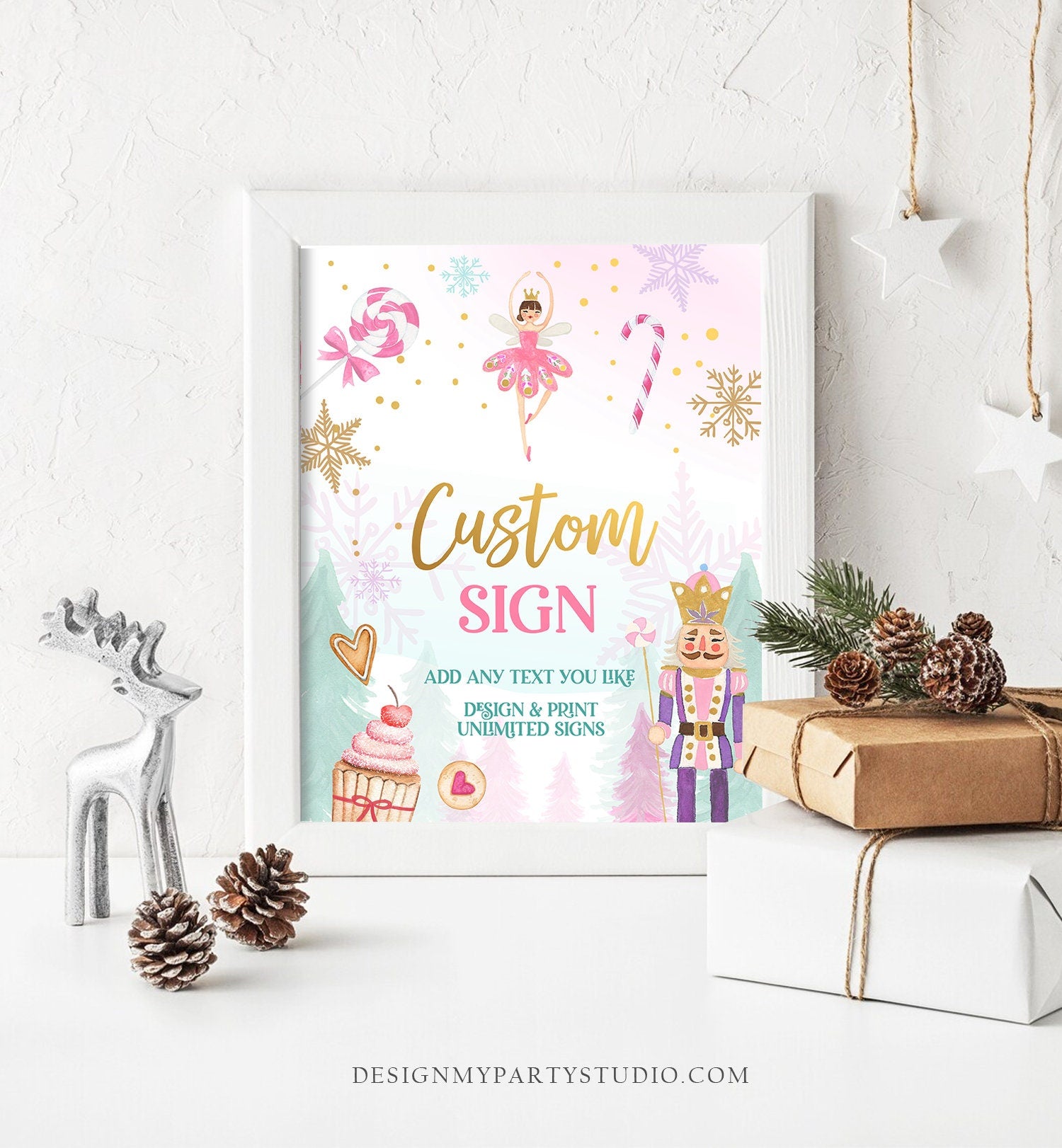 Editable Custom Sign Nutcracker Birthday Decor Land of Sweets Party Sign Sugar Plum Fairy Girl Pink Table Sign Corjl Template PRINTABLE 0352