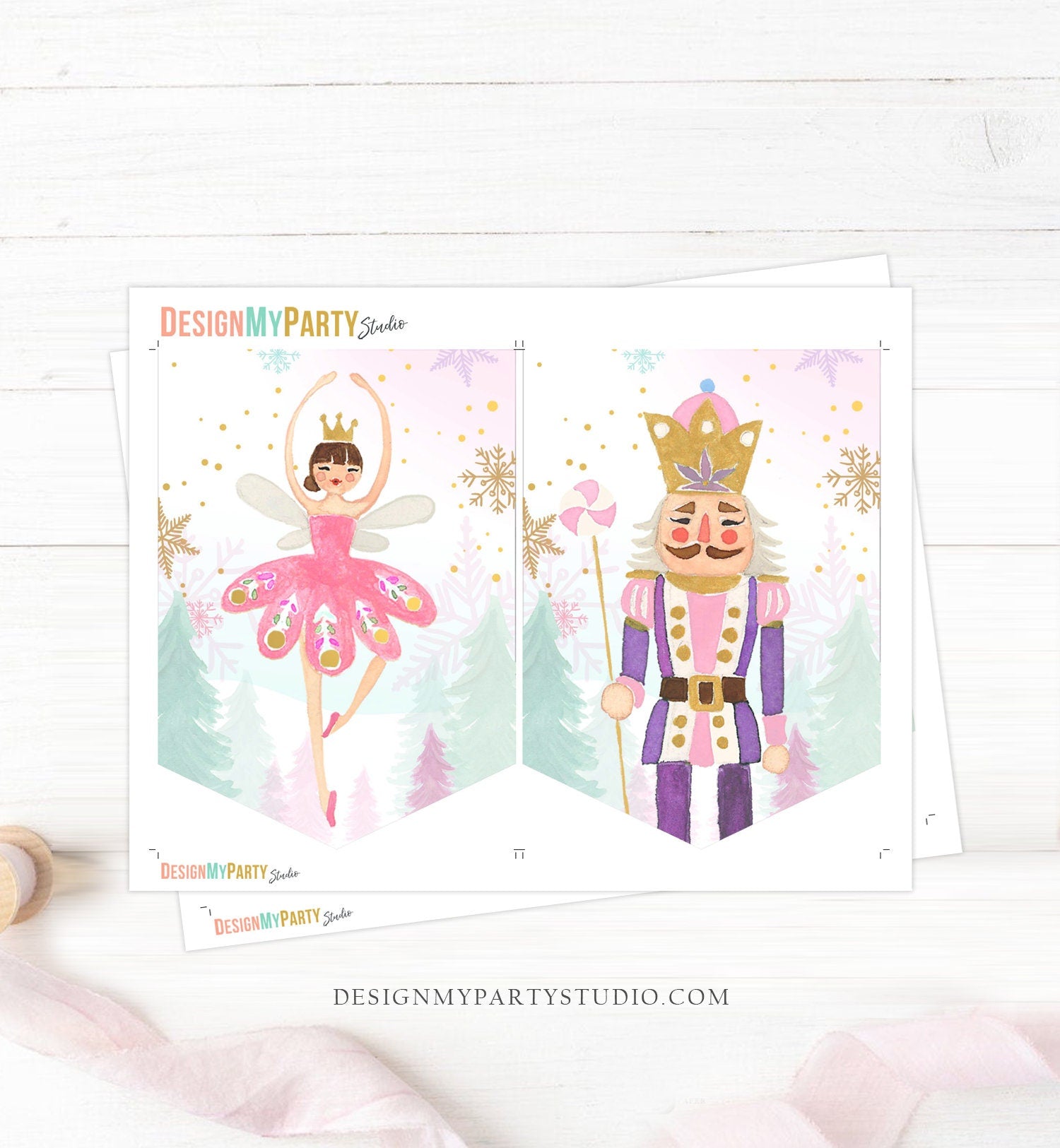 Nutcracker Banner Nutcracker Birthday Girl Bunting Christmas Decor Pink Gold Sugar Plum Fairy Instant Download Printable Digital DIY 0352