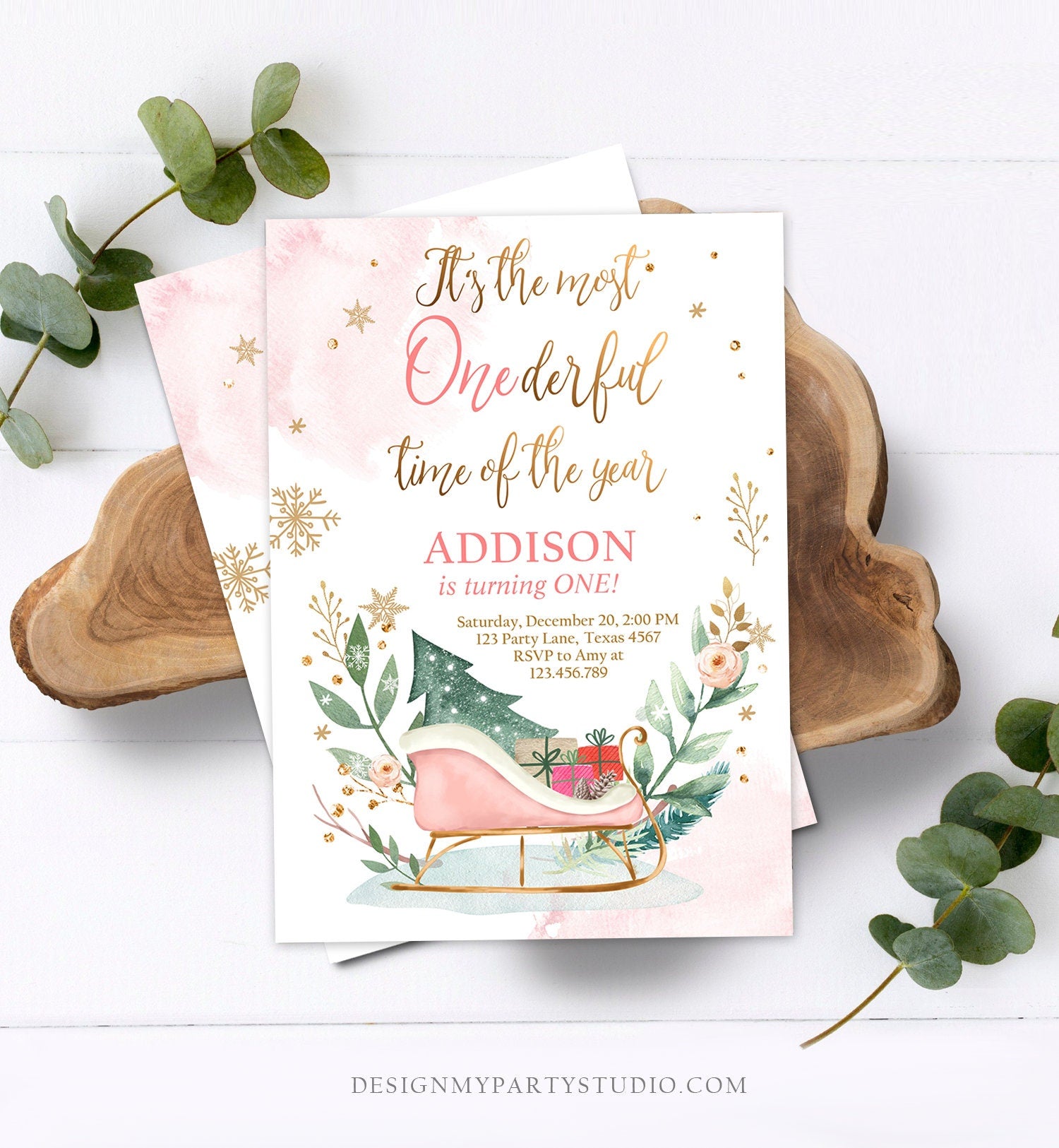 Editable Most Onederful Time of The Year 1st Birthday Invitation Winter Christmas Party Sleigh Trees Girl Pink Printable Template DIY 0353