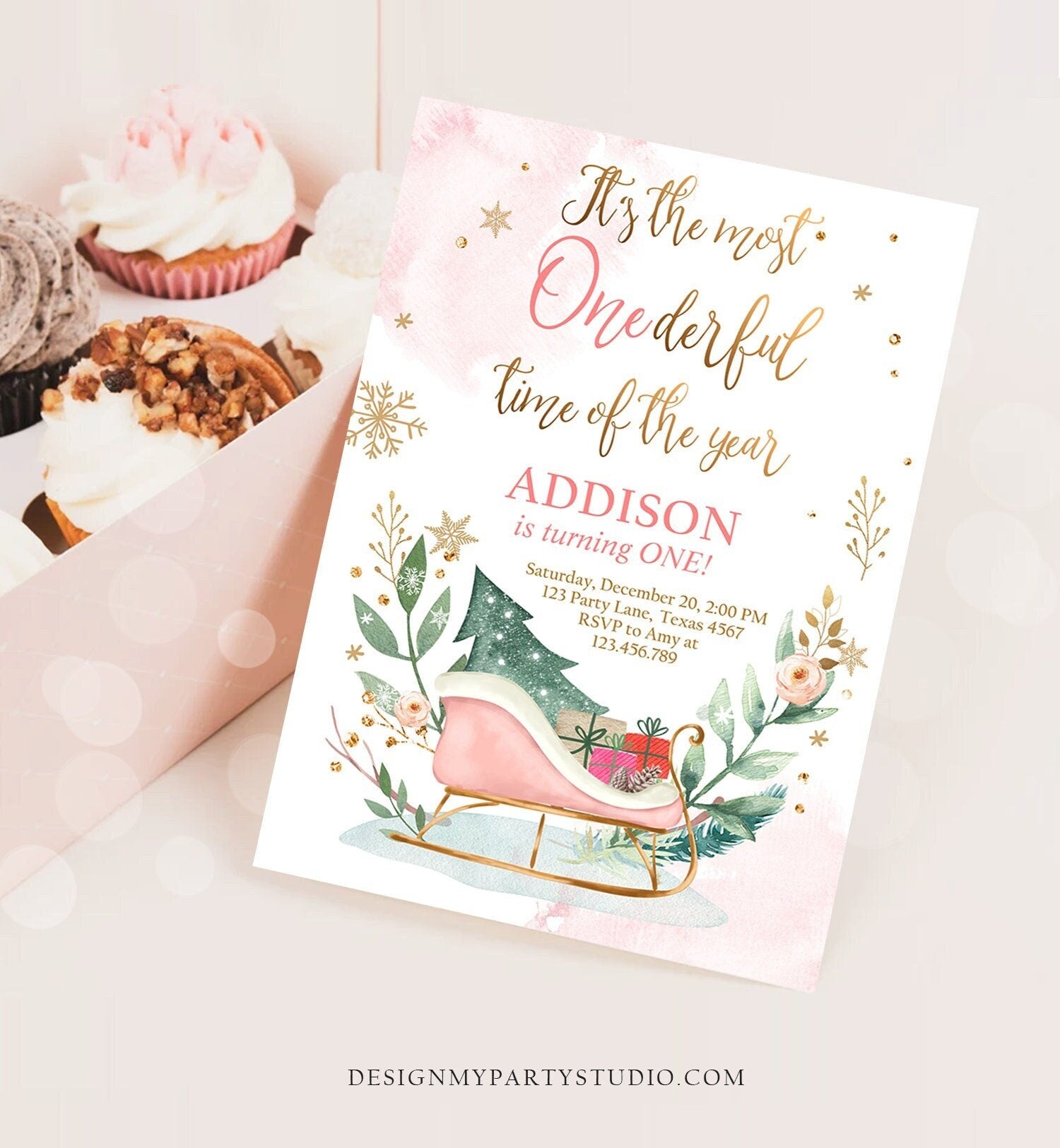 Editable Most Onederful Time of The Year 1st Birthday Invitation Winter Christmas Party Sleigh Trees Girl Pink Printable Template DIY 0353