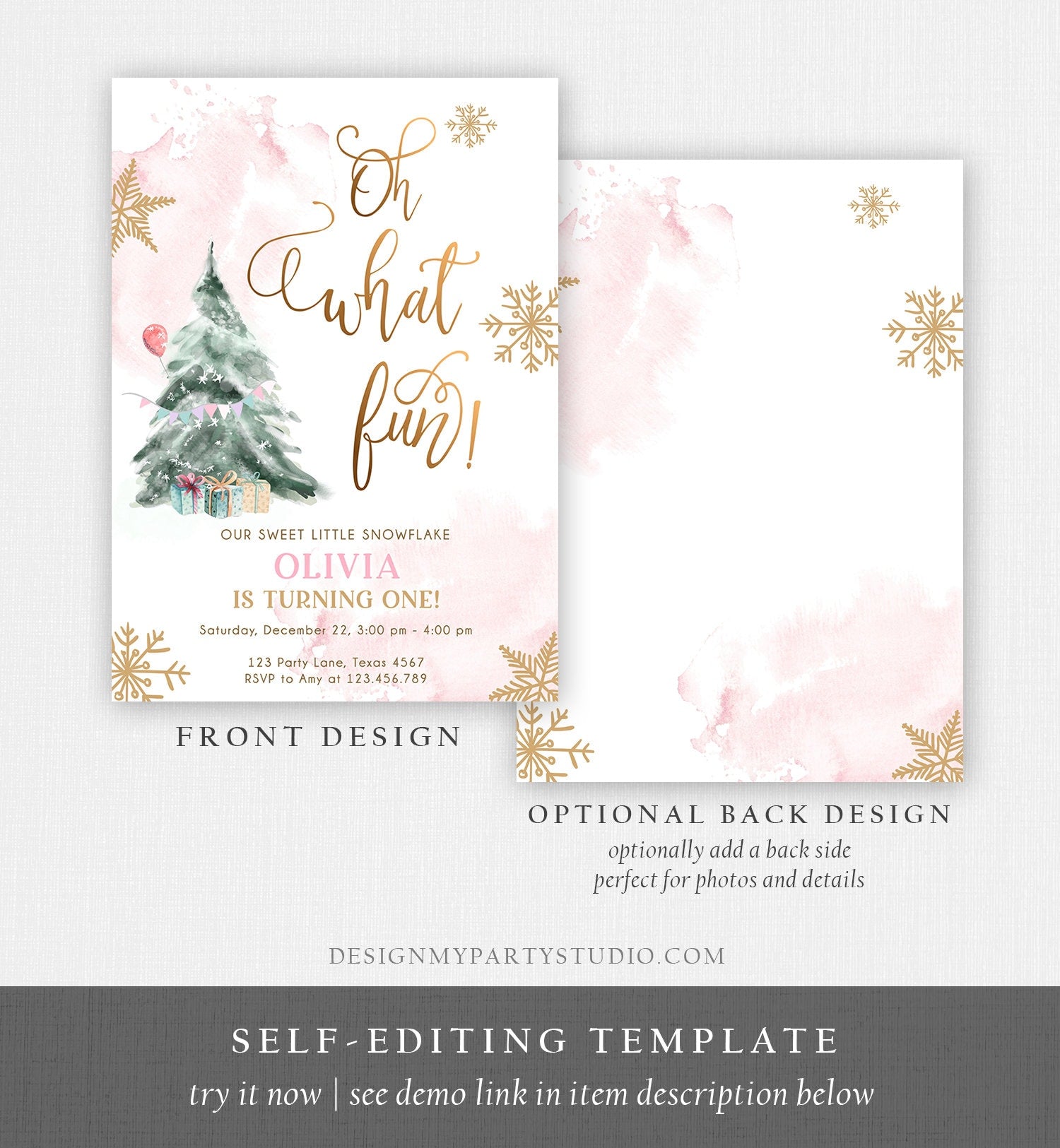 Editable Oh What Fun! Holiday 1st Winter Birthday Invitation Winter Christmas Party Winter Tree Girl Pink Gold Printable Template DIY 0363