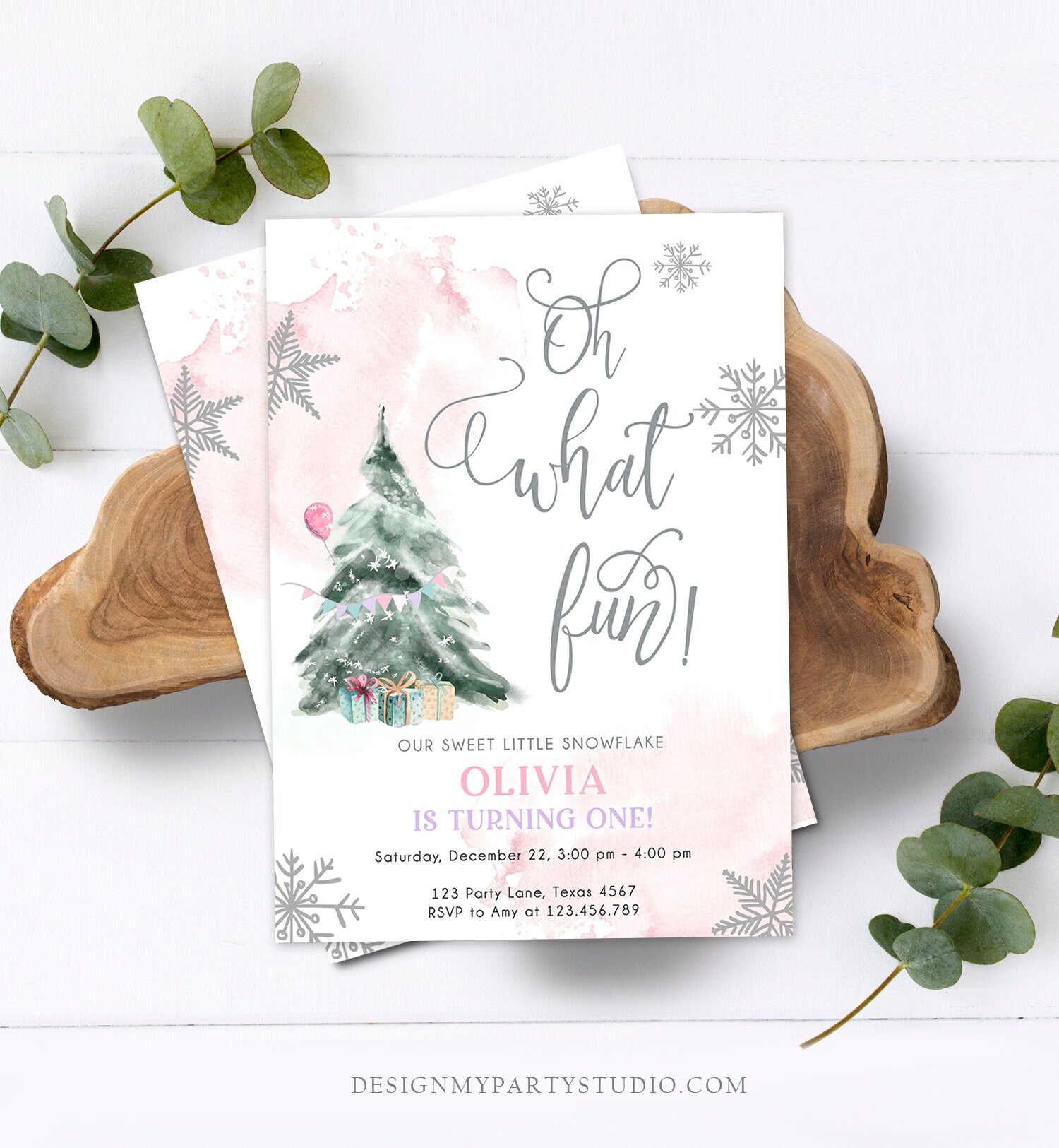 Editable Oh What Fun! Holiday 1st Winter Birthday Invitation Winter Christmas Party Winter Tree Girl Pink Silver Printable Template DIY 0363