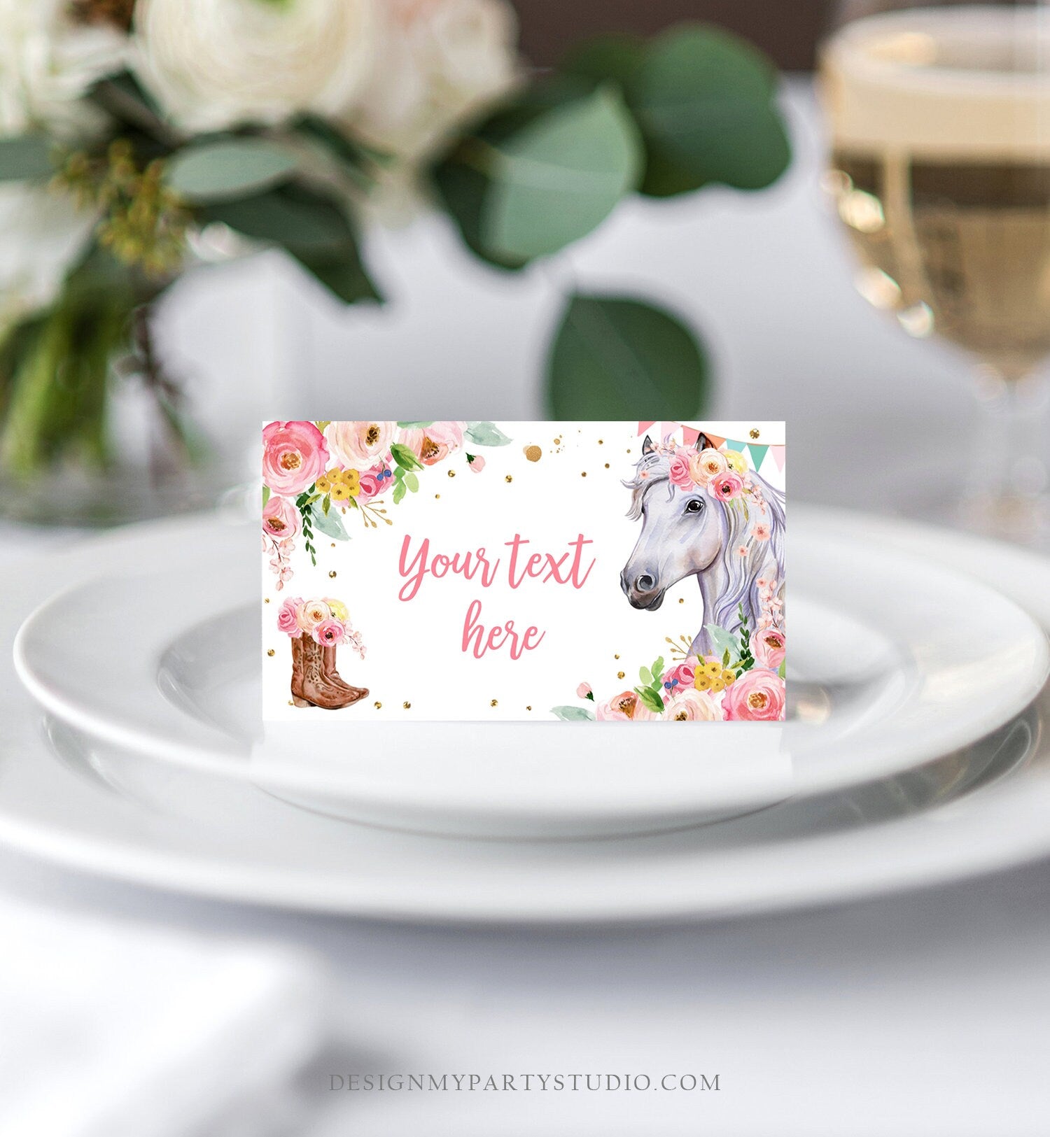 Editable Horse Birthday Food Tent Cards Horse Labels Cowgirl Party Place Cards Girl Pink Floral Pony Saddle Up Printable Template Corjl 0408