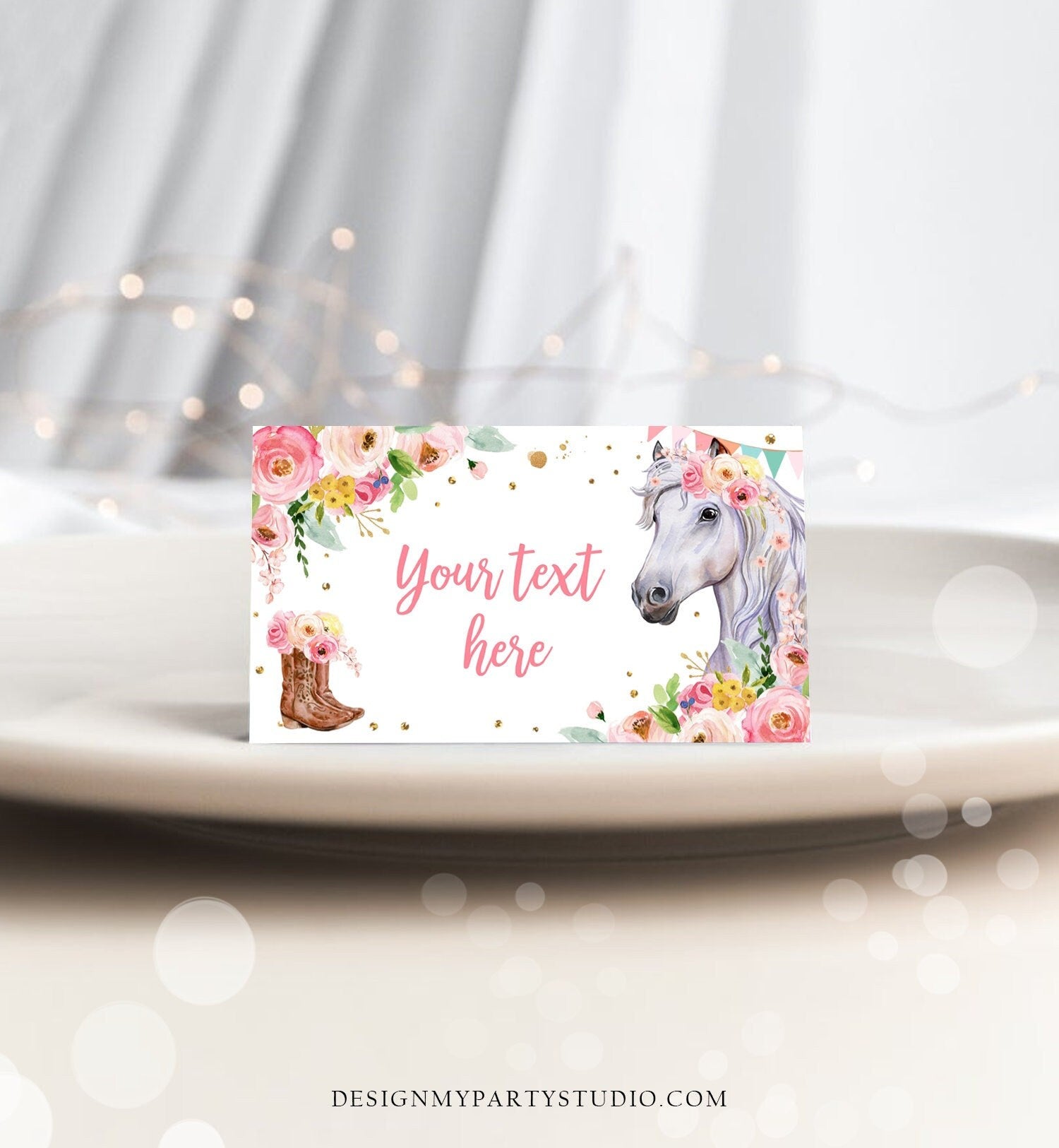 Editable Horse Birthday Food Tent Cards Horse Labels Cowgirl Party Place Cards Girl Pink Floral Pony Saddle Up Printable Template Corjl 0408