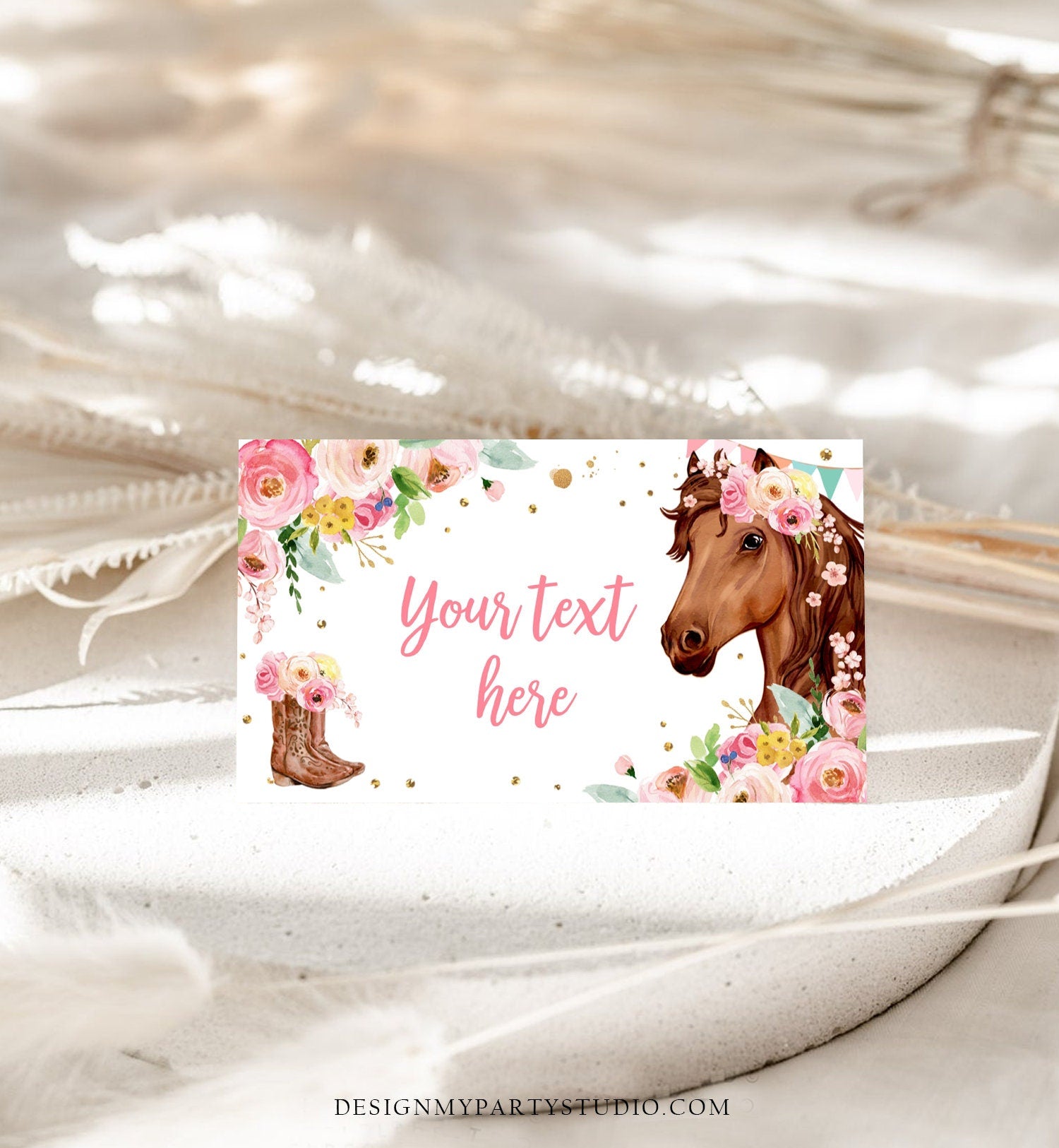 Editable Horse Birthday Food Tent Cards Horse Labels Cowgirl Party Place Cards Girl Pink Floral Pony Saddle Up Printable Template Corjl 0408