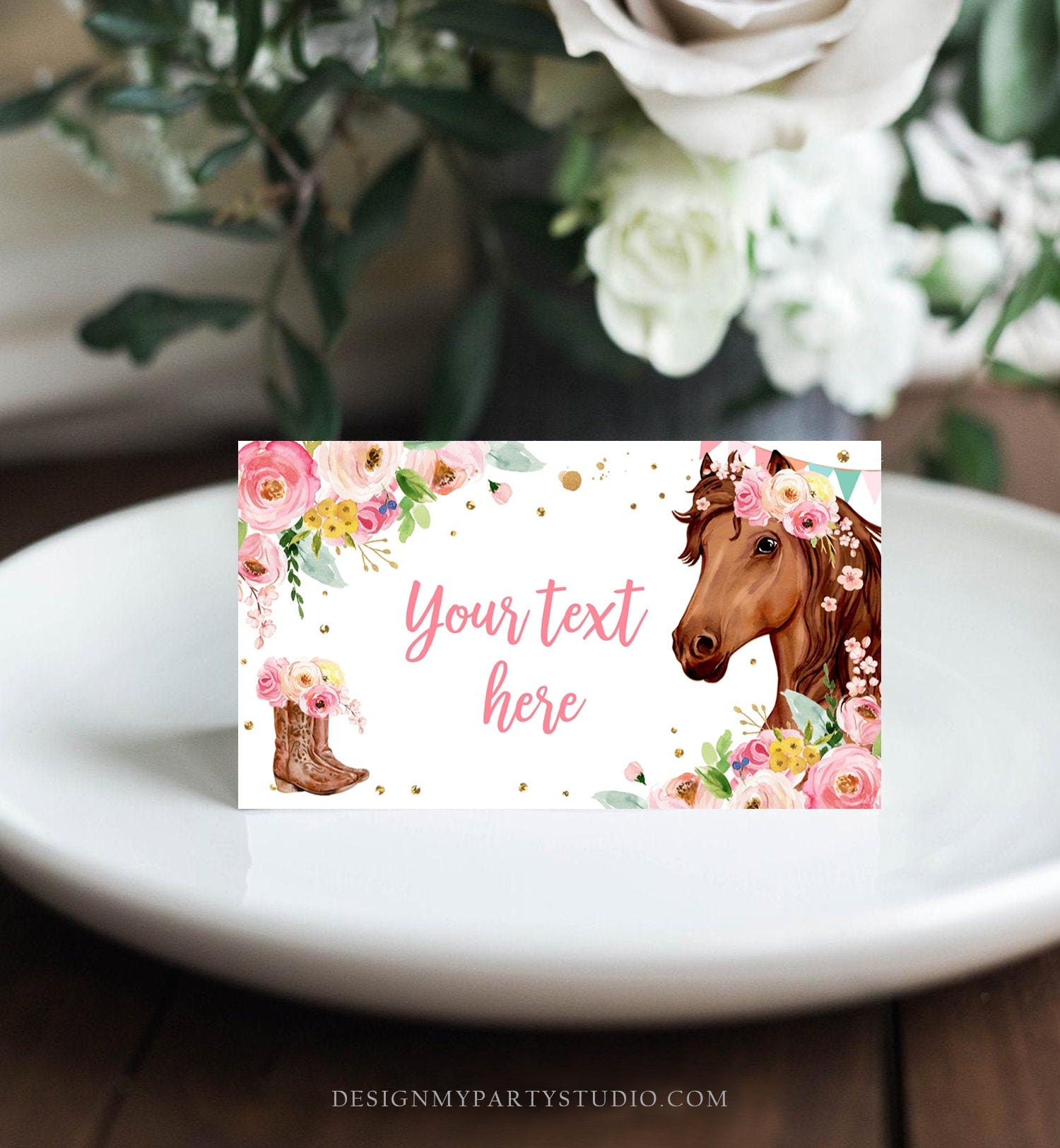 Editable Horse Birthday Food Tent Cards Horse Labels Cowgirl Party Place Cards Girl Pink Floral Pony Saddle Up Printable Template Corjl 0408