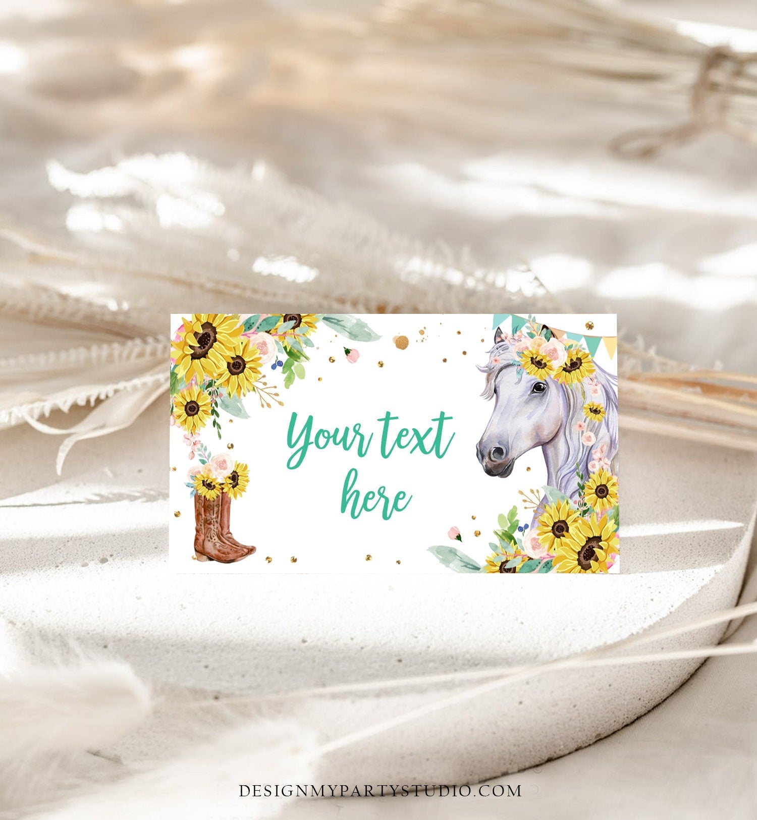 Editable Horse Birthday Food Tent Cards Horse Labels Cowgirl Party Place Cards Girl Sunflowers Pony Saddle Up Printable Template Corjl 0408