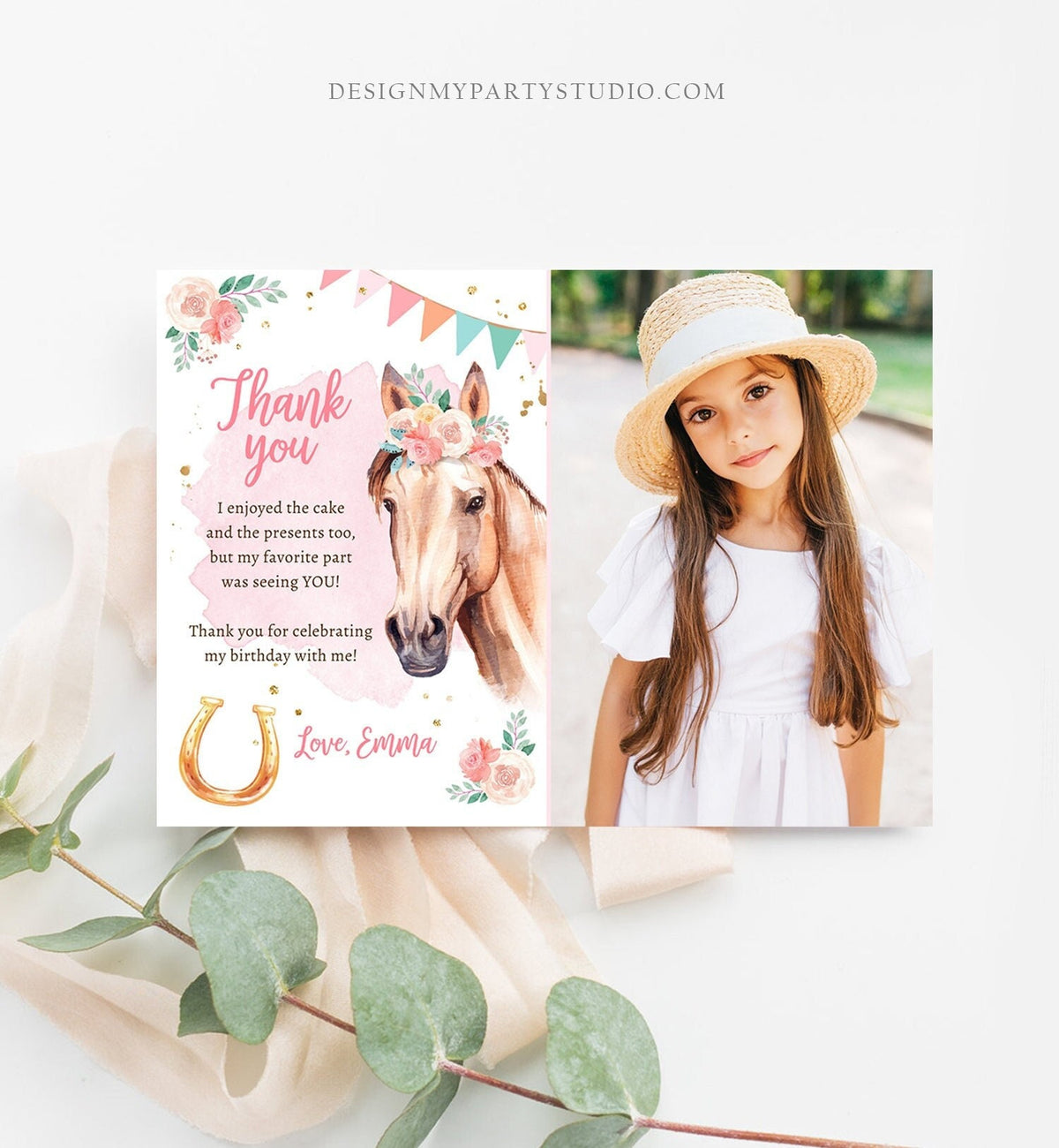 Editable Horse Thank You Card Note Girl Birthday Party Cowgirl Watercolor Pink Floral Saddle Up Download Printable Corjl Template 0398