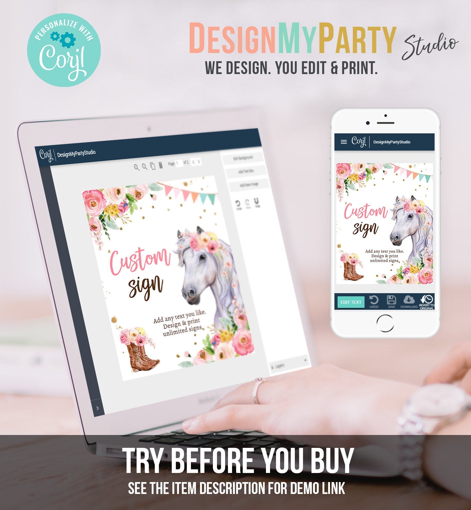 Editable Custom Horse Birthday Party Sign Saddle Up Cowgirl Party Sign Pink Horse Floral Girl Table Sign 8x10 Corjl Template Printable 0408