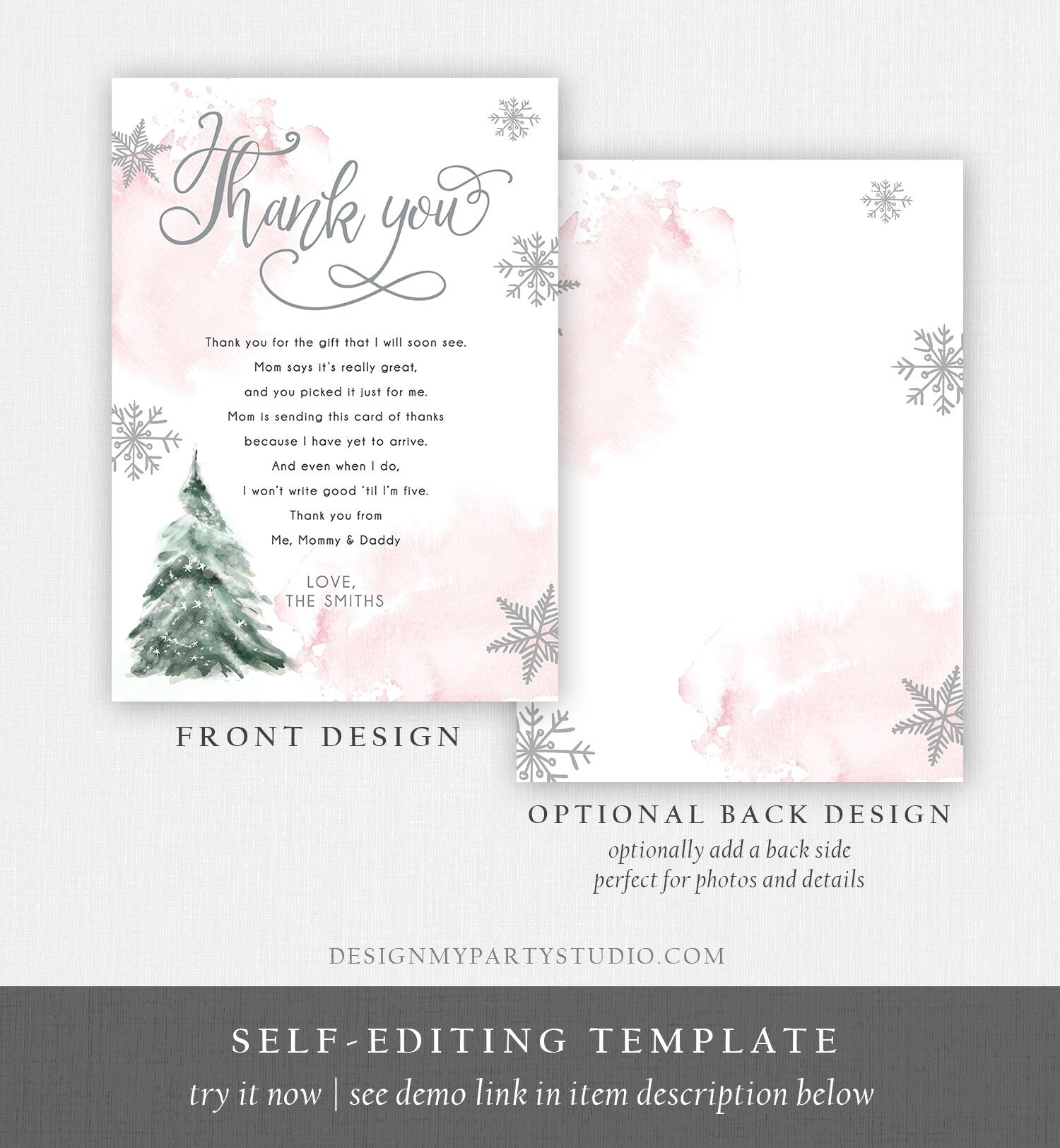 Editable Winter Tree Thank You Card Watercolor Baby Its Cold Outside Baby Shower Pink Girl Gender Neutral Snow Template Download Corjl 0363