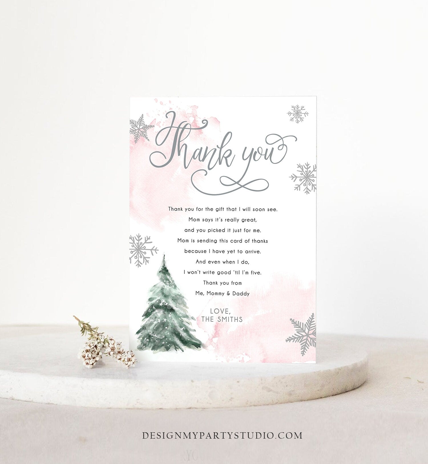 Editable Winter Tree Thank You Card Watercolor Baby Its Cold Outside Baby Shower Pink Girl Gender Neutral Snow Template Download Corjl 0363