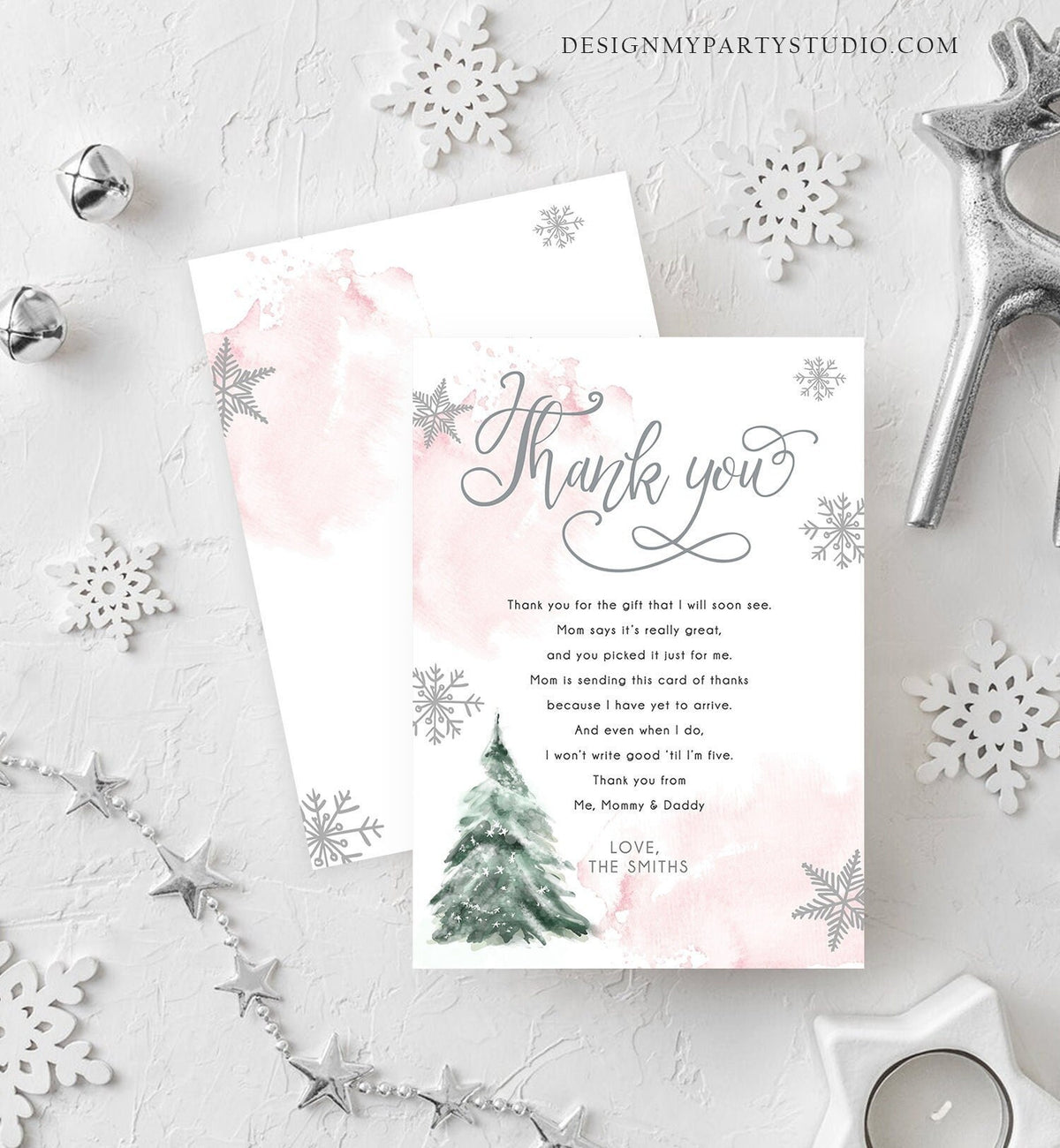 Editable Winter Tree Thank You Card Watercolor Baby Its Cold Outside Baby Shower Pink Girl Gender Neutral Snow Template Download Corjl 0363