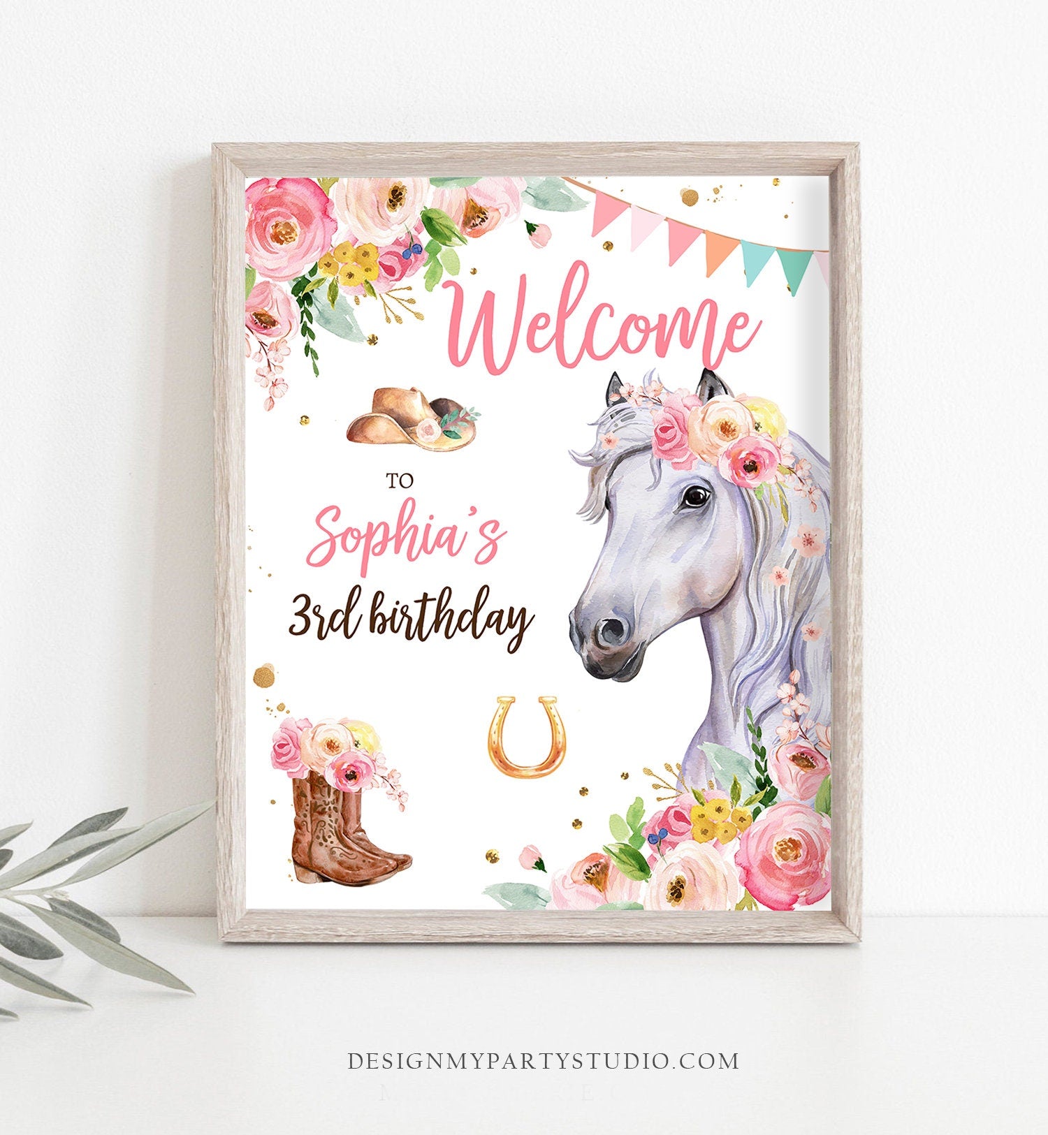 Editable Horse Birthday Welcome Sign Pony Birthday Welcome Sign Cowgirl Party Floral Girl Horse Party Download Template Corjl PRINTABLE 0408