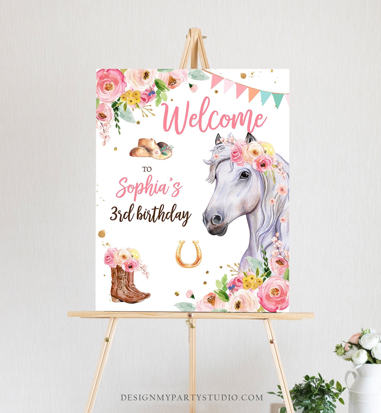 Editable Horse Birthday Welcome Sign Pony Birthday Welcome Sign Cowgirl Party Floral Girl Horse Party Download Template Corjl PRINTABLE 0408