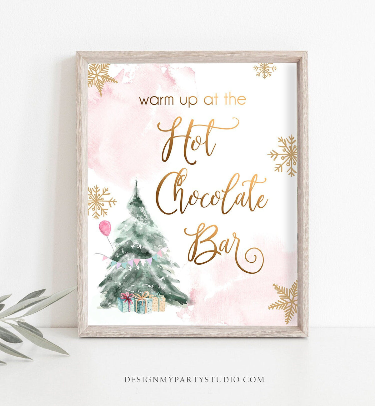 Hot Chocolate Bar Sign Winter Tree Watercolor Snow Girl Pink Birthday Baby Shower Cocoa Bar Drink Station Instant Download Printable 0363